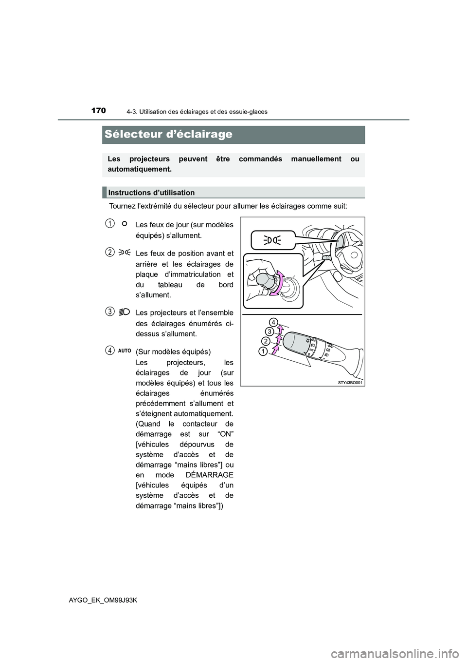 TOYOTA AYGO 2015 Notices Demploi (in French) 1704-3. Utilisation des éclairages et des essuie-glaces
AYGO_EK_OM99J93K
Sélecteur d’éclairage
Tournez l’extrémité du sélecteur pour allumer les éclairages comme suit:
Les feux de jour (su TOYOTA AYGO 2015 Notices Demploi (in French) 1704-3. Utilisation des éclairages et des essuie-glaces
AYGO_EK_OM99J93K
Sélecteur d’éclairage
Tournez l’extrémité du sélecteur pour allumer les éclairages comme suit:
Les feux de jour (su