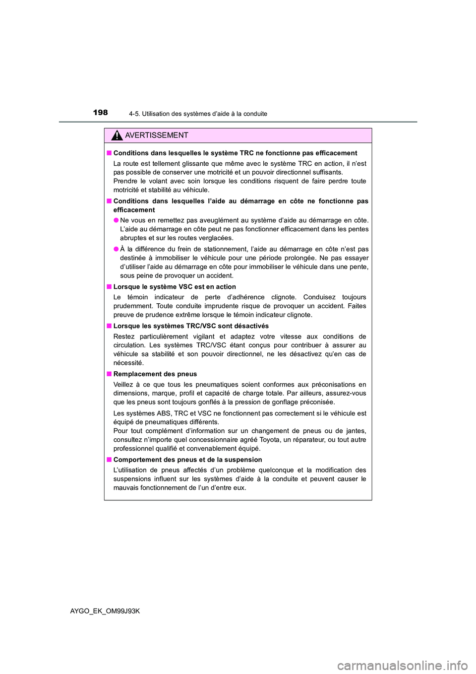 TOYOTA AYGO 2015  Notices Demploi (in French) 1984-5. Utilisation des systèmes d’aide à la conduite
AYGO_EK_OM99J93K
AVERTISSEMENT
■Conditions dans lesquelles le système TRC ne fonctionne pas efficacement 
La route est tellement glissante  TOYOTA AYGO 2015  Notices Demploi (in French) 1984-5. Utilisation des systèmes d’aide à la conduite
AYGO_EK_OM99J93K
AVERTISSEMENT
■Conditions dans lesquelles le système TRC ne fonctionne pas efficacement 
La route est tellement glissante