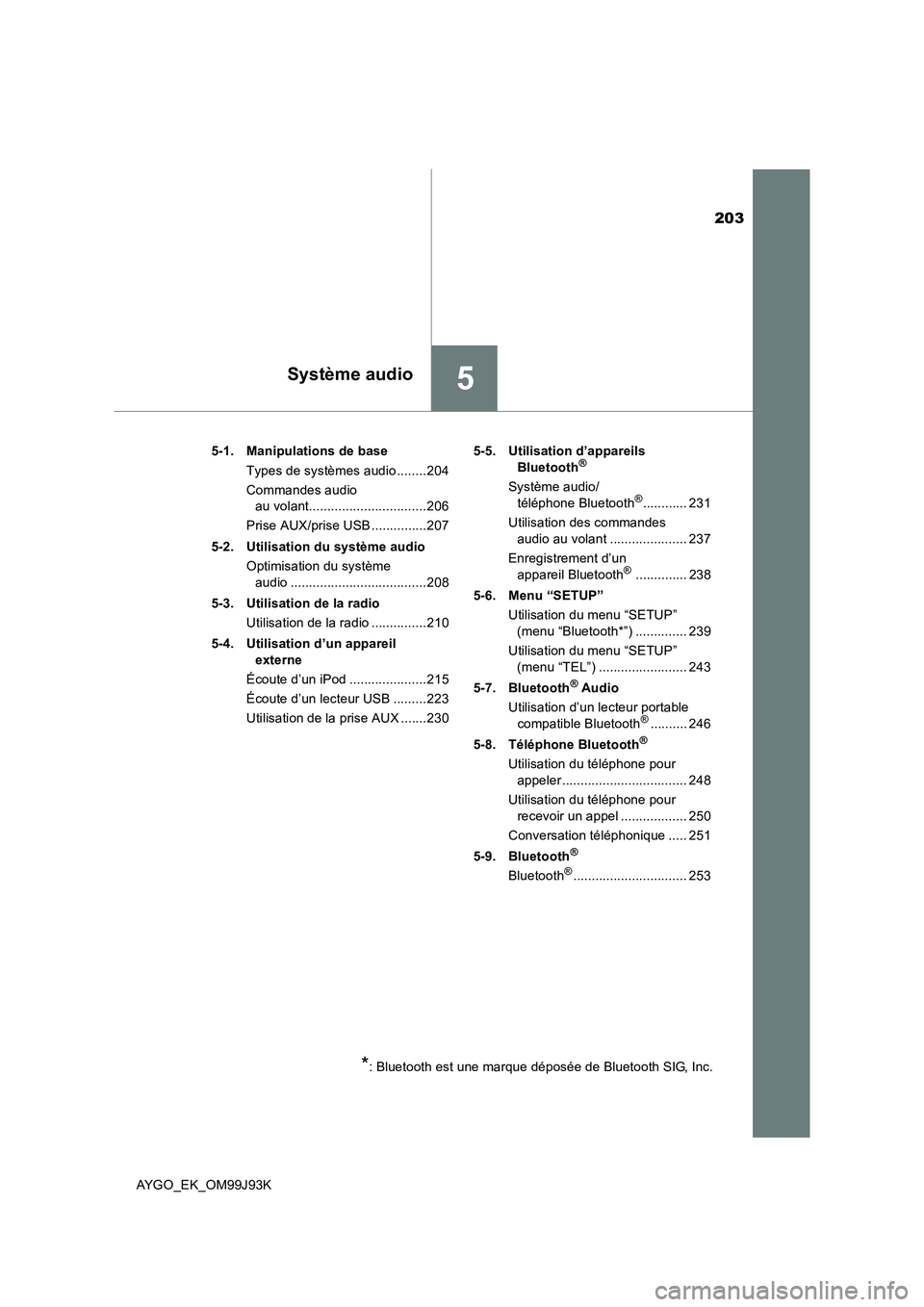 TOYOTA AYGO 2015  Notices Demploi (in French) 203
5Système audio
AYGO_EK_OM99J93K 
5-1. Manipulations de base 
Types de systèmes audio ........204 
Commandes audio  
au volant................................206 
Prise AUX/prise USB ............ TOYOTA AYGO 2015  Notices Demploi (in French) 203
5Système audio
AYGO_EK_OM99J93K 
5-1. Manipulations de base 
Types de systèmes audio ........204 
Commandes audio  
au volant................................206 
Prise AUX/prise USB ............