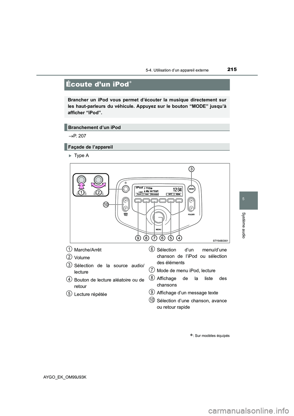 TOYOTA AYGO 2015  Notices Demploi (in French) 215
5
5-4. Utilisation d’un appareil externe
Système audio
AYGO_EK_OM99J93K
Écoute d’un iPod∗
→P. 207
�XType A
∗: Sur modèles équipés
Brancher un iPod vous permet d’écouter la musiqu