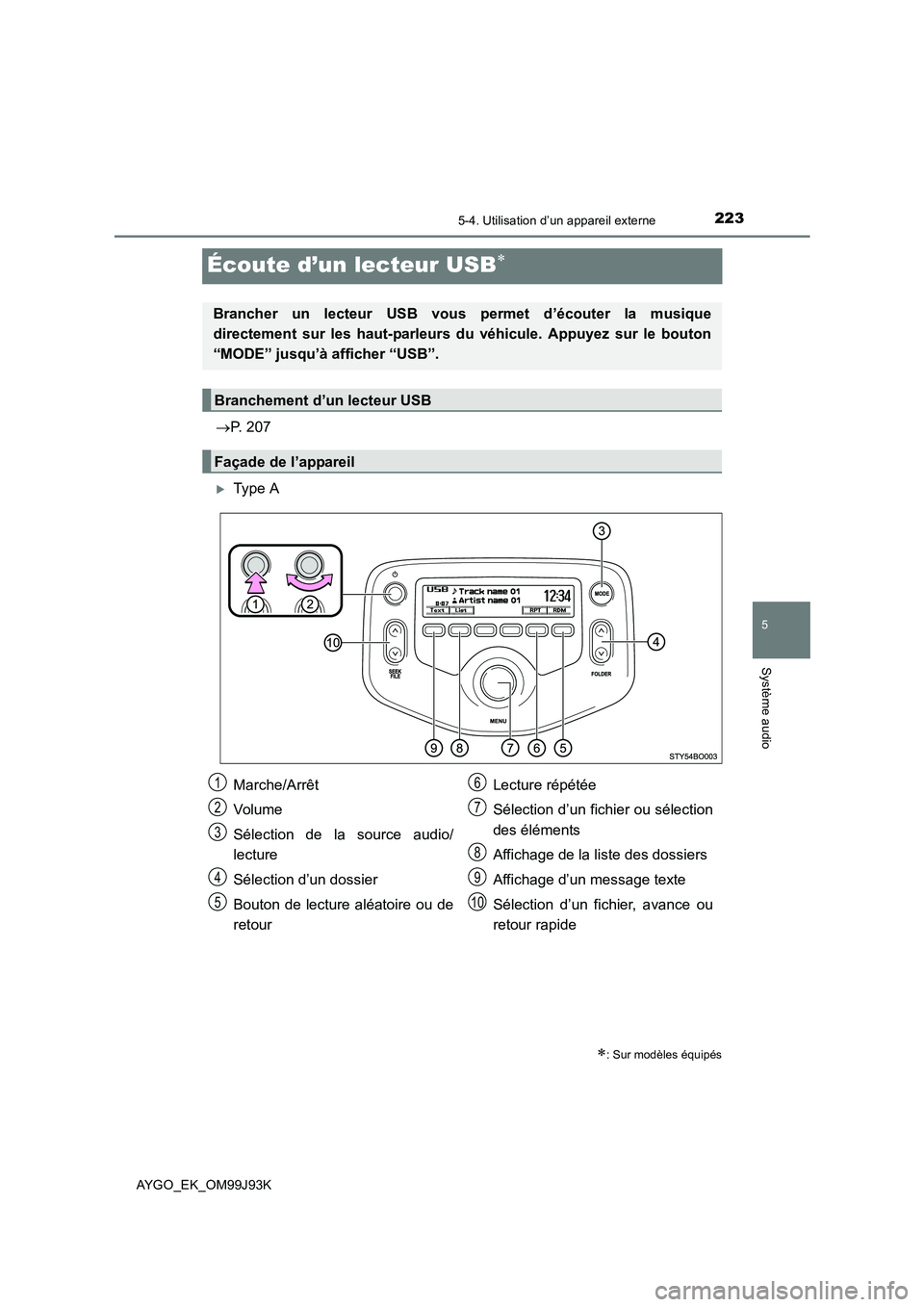 TOYOTA AYGO 2015  Notices Demploi (in French) 223
5
5-4. Utilisation d’un appareil externe
Système audio
AYGO_EK_OM99J93K
Écoute d’un lecteur USB∗
→P. 207
�XType A
∗: Sur modèles équipés
Brancher un lecteur USB vous permet d’éco
