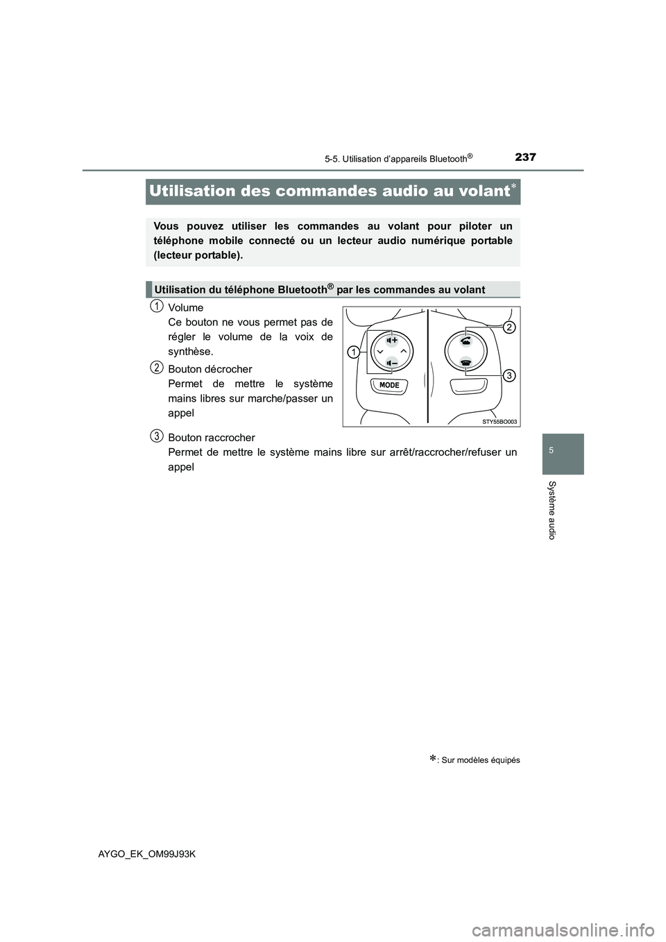 TOYOTA AYGO 2015  Notices Demploi (in French) 237
5
5-5. Utilisation d’appareils Bluetooth®
Système audio
AYGO_EK_OM99J93K
Utilisation des commandes audio au volant∗
Volume
Ce bouton ne vous permet pas de
régler le volume de la voix de
syn TOYOTA AYGO 2015  Notices Demploi (in French) 237
5
5-5. Utilisation d’appareils Bluetooth®
Système audio
AYGO_EK_OM99J93K
Utilisation des commandes audio au volant∗
Volume
Ce bouton ne vous permet pas de
régler le volume de la voix de
syn