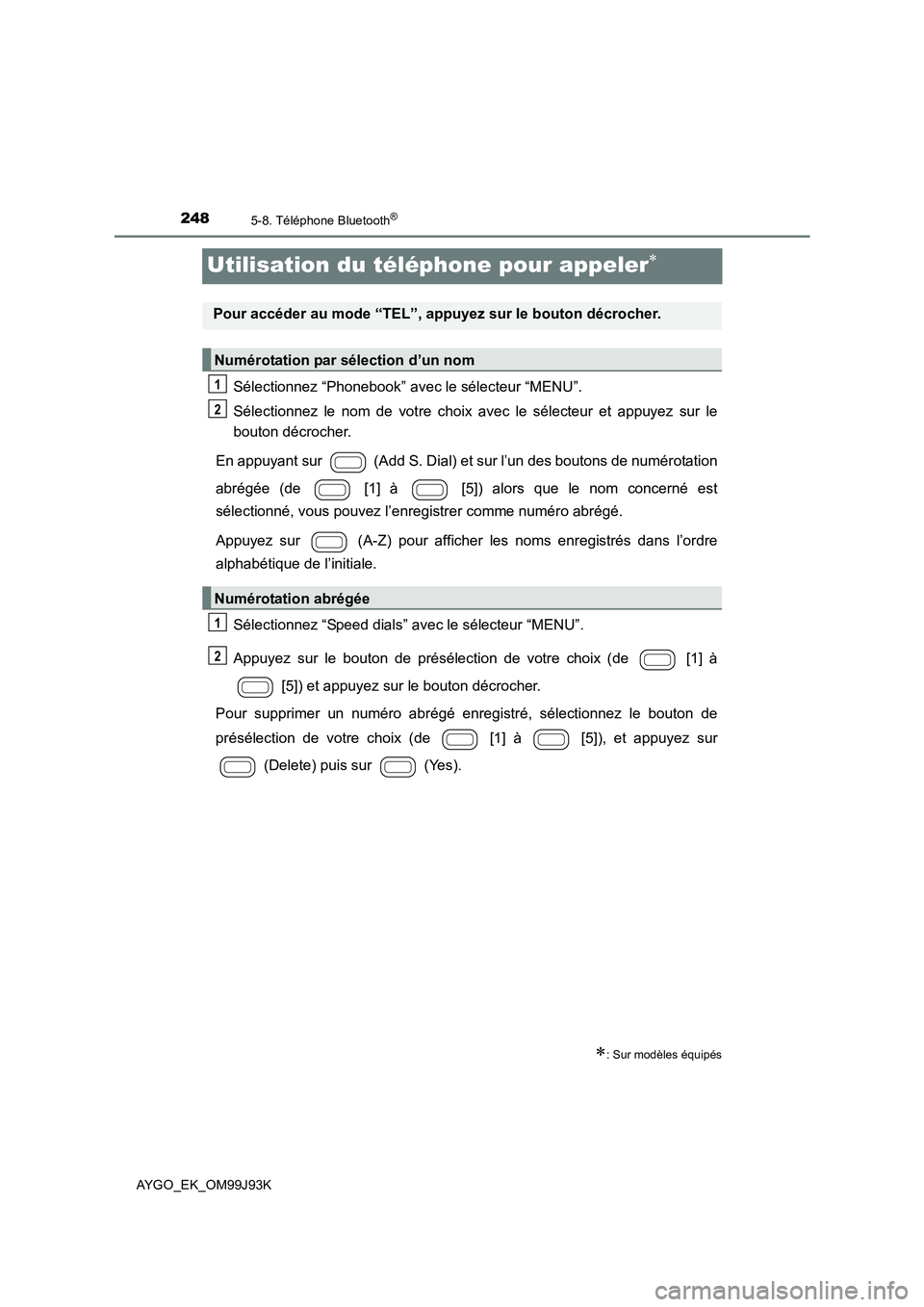 TOYOTA AYGO 2015  Notices Demploi (in French) 2485-8. Téléphone Bluetooth®
AYGO_EK_OM99J93K
Utilisation du téléphone pour appeler∗
Sélectionnez “Phonebook” avec le sélecteur “MENU”. 
Sélectionnez le nom de votre choix avec le s TOYOTA AYGO 2015  Notices Demploi (in French) 2485-8. Téléphone Bluetooth®
AYGO_EK_OM99J93K
Utilisation du téléphone pour appeler∗
Sélectionnez “Phonebook” avec le sélecteur “MENU”. 
Sélectionnez le nom de votre choix avec le s