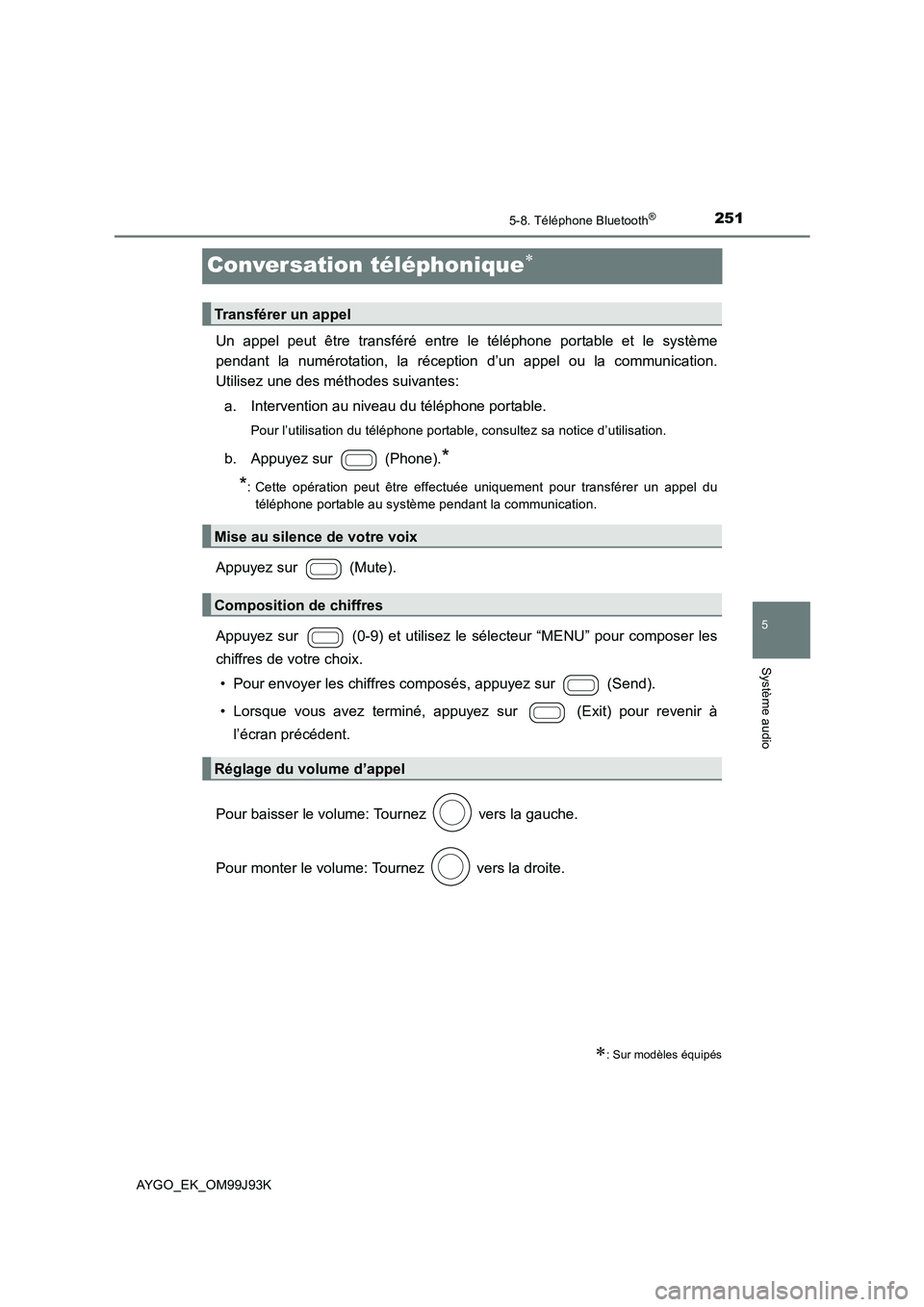 TOYOTA AYGO 2015  Notices Demploi (in French) 251
5
5-8. Téléphone Bluetooth®
Système audio
AYGO_EK_OM99J93K
Conversation téléphonique∗
Un appel peut être transféré entre le téléphone portable et le système 
pendant la numérotation TOYOTA AYGO 2015  Notices Demploi (in French) 251
5
5-8. Téléphone Bluetooth®
Système audio
AYGO_EK_OM99J93K
Conversation téléphonique∗
Un appel peut être transféré entre le téléphone portable et le système 
pendant la numérotation