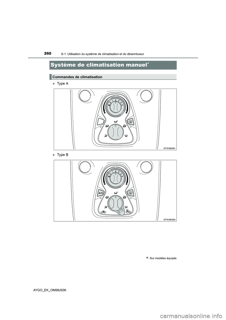 TOYOTA AYGO 2015  Notices Demploi (in French) 2606-1. Utilisation du système de climatisation et du désembueur
AYGO_EK_OM99J93K
Système de climatisation manuel∗
�XType A
�XType B
∗: Sur modèles équipés
Commandes de climatisation 