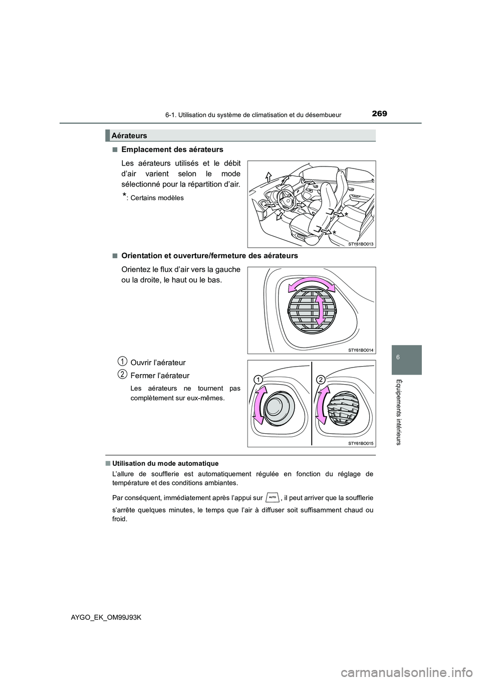 TOYOTA AYGO 2015  Notices Demploi (in French) 2696-1. Utilisation du système de climatisation et du désembueur
6
Équipements intérieurs
AYGO_EK_OM99J93K
[
■Emplacement des aérateurs 
Les aérateurs utilisés et le débit 
d’air varient s TOYOTA AYGO 2015  Notices Demploi (in French) 2696-1. Utilisation du système de climatisation et du désembueur
6
Équipements intérieurs
AYGO_EK_OM99J93K
[
■Emplacement des aérateurs 
Les aérateurs utilisés et le débit 
d’air varient s