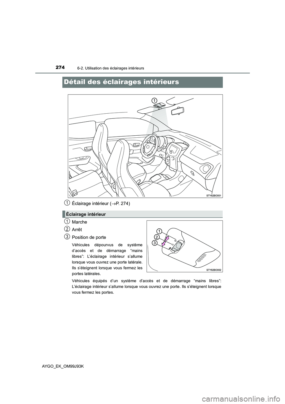 TOYOTA AYGO 2015  Notices Demploi (in French) 2746-2. Utilisation des éclairages intérieurs
AYGO_EK_OM99J93K
Détail des éclairages intérieurs
Éclairage intérieur (→P. 274) 
Marche 
Arrêt 
Position de porte
Véhicules dépourvus de syst