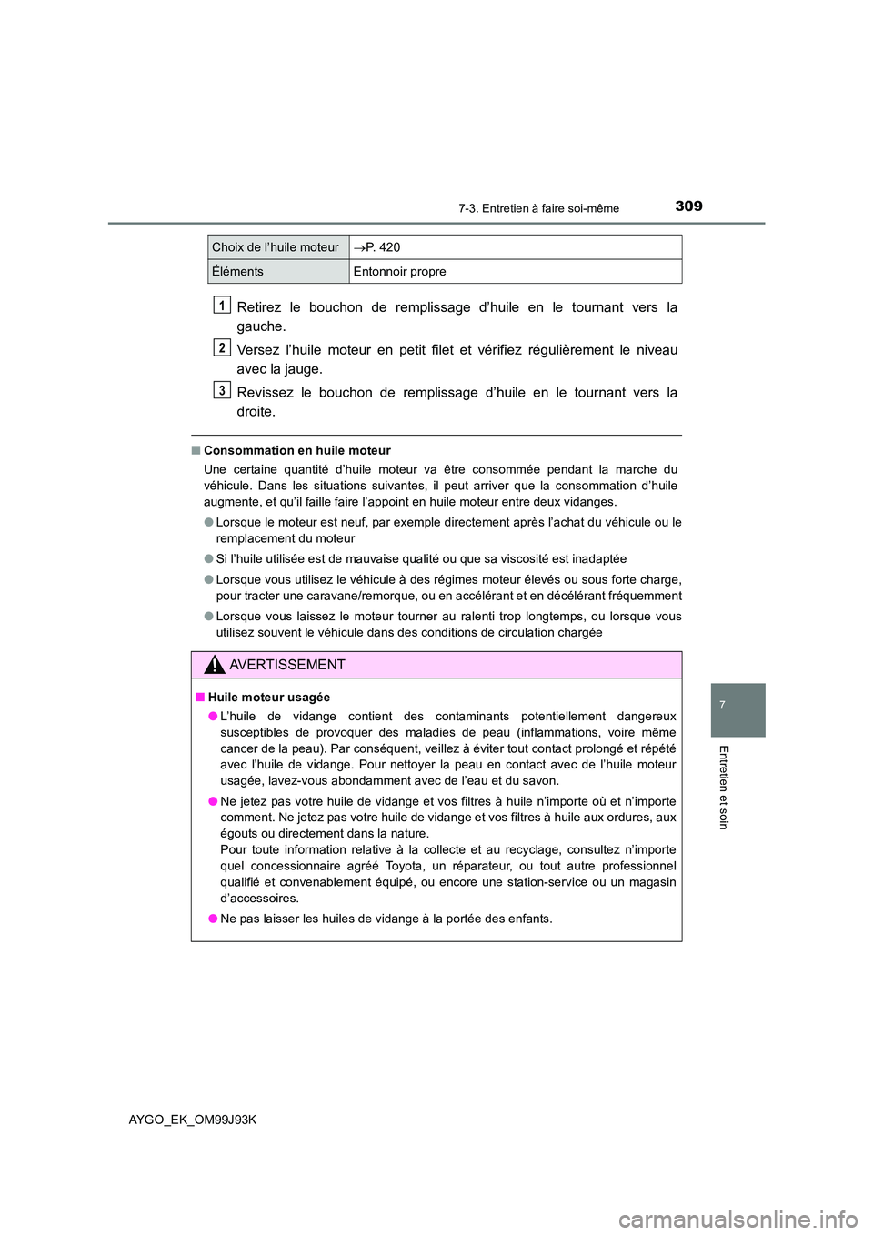 TOYOTA AYGO 2015  Notices Demploi (in French) 3097-3. Entretien à faire soi-même
7
Entretien et soin
AYGO_EK_OM99J93K
Retirez le bouchon de remplissage d’huile en le tournant vers la 
gauche. 
Versez l’huile moteur en petit filet et vérifi