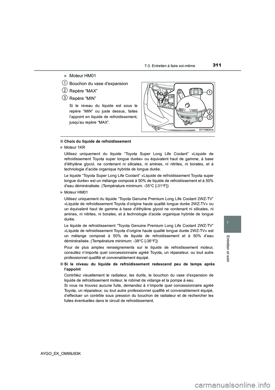 TOYOTA AYGO 2015  Notices Demploi (in French) 3117-3. Entretien à faire soi-même
7
Entretien et soin
AYGO_EK_OM99J93K
�XMoteur HM01 
Bouchon du vase d’expansion 
Repère “MAX”
Repère “MIN”
Si le niveau du liquide est sous le 
repère