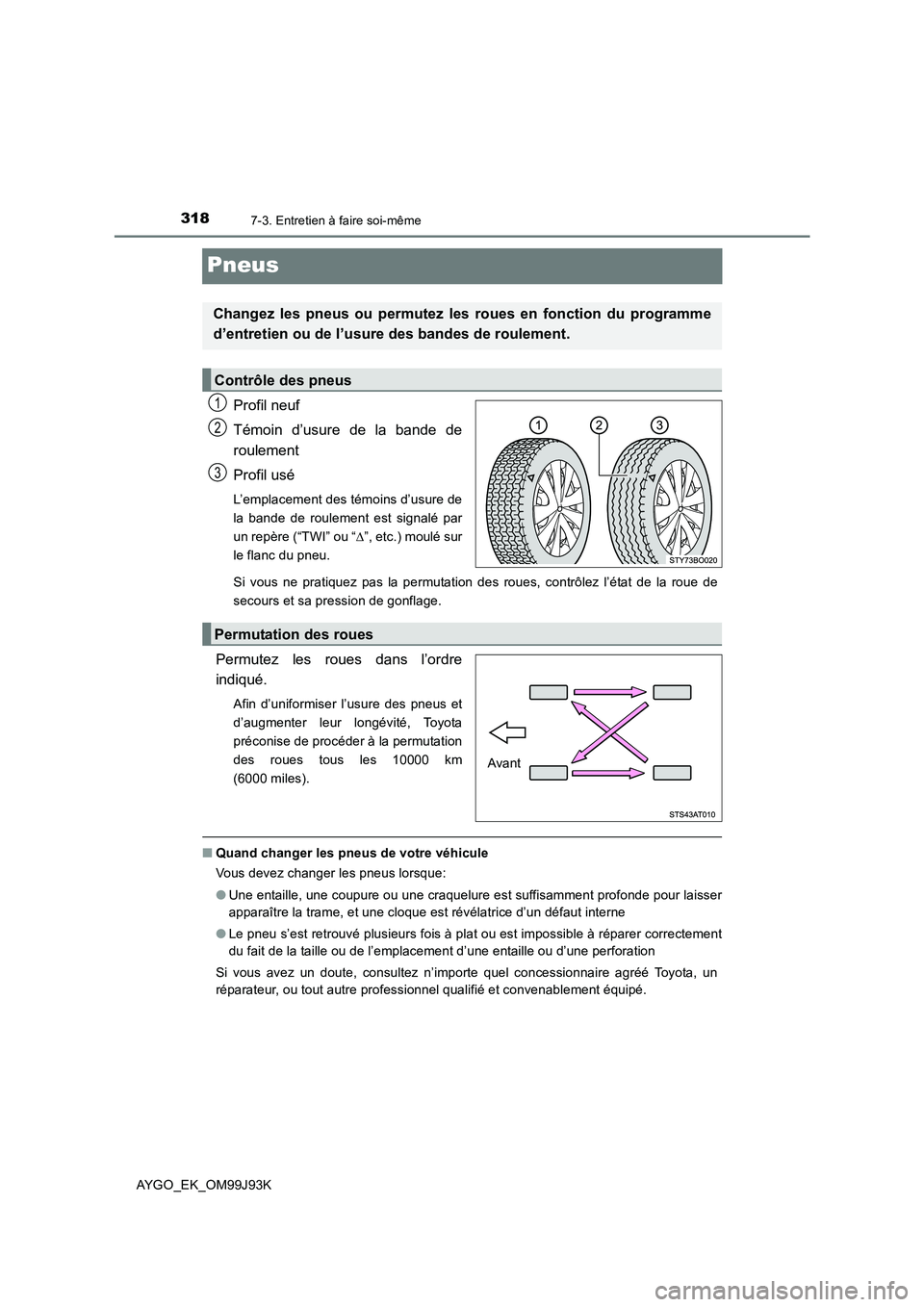 TOYOTA AYGO 2015  Notices Demploi (in French) 3187-3. Entretien à faire soi-même
AYGO_EK_OM99J93K
Pneus
Profil neuf 
Témoin d’usure de la bande de 
roulement 
Profil usé
L’emplacement des témoins d’usure de 
la bande de roulement est s