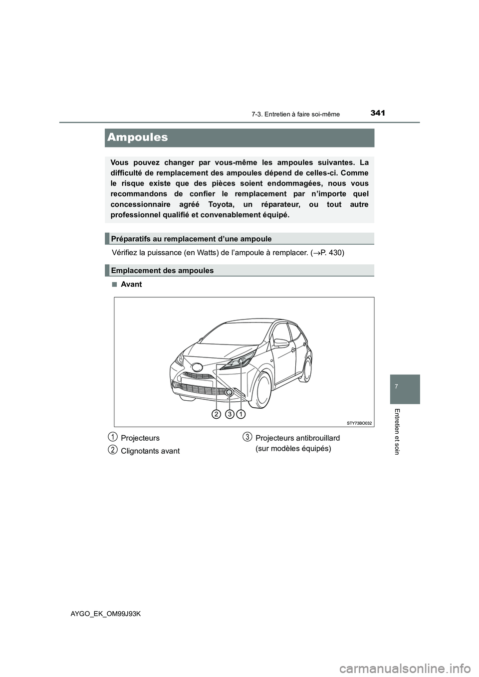 TOYOTA AYGO 2015  Notices Demploi (in French) 3417-3. Entretien à faire soi-même
7
Entretien et soin
AYGO_EK_OM99J93K
Ampoules
Vérifiez la puissance (en Watts) de l’ampoule à remplacer. (→P. 430)
■Avant
Vous pouvez changer par vous-mêm