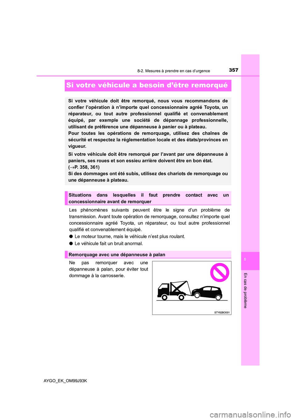 TOYOTA AYGO 2015  Notices Demploi (in French) 3578-2. Mesures à prendre en cas d’urgence
8
En cas de problème
AYGO_EK_OM99J93K
Si votre véhicule a besoin d’être remorqué
Les phénomènes suivants peuvent être le signe d’un problème d