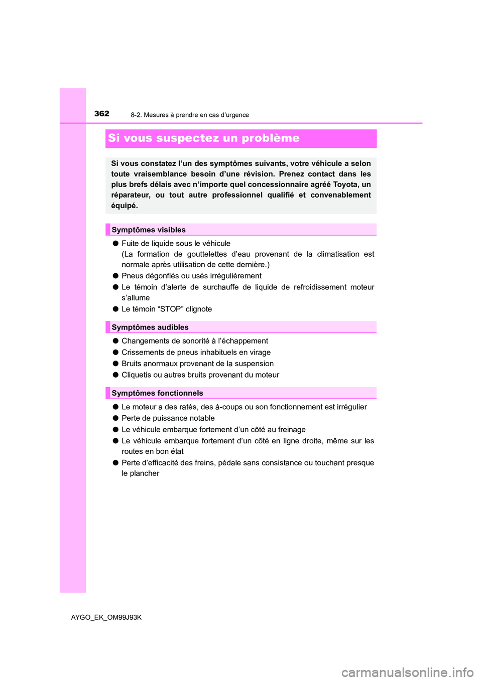 TOYOTA AYGO 2015  Notices Demploi (in French) 3628-2. Mesures à prendre en cas d’urgence
AYGO_EK_OM99J93K
Si vous suspectez un problème
●Fuite de liquide sous le véhicule 
(La formation de gouttelettes d’eau provenant de la climatisation TOYOTA AYGO 2015  Notices Demploi (in French) 3628-2. Mesures à prendre en cas d’urgence
AYGO_EK_OM99J93K
Si vous suspectez un problème
●Fuite de liquide sous le véhicule 
(La formation de gouttelettes d’eau provenant de la climatisation