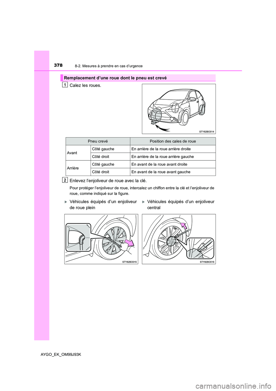 TOYOTA AYGO 2015  Notices Demploi (in French) 3788-2. Mesures à prendre en cas d’urgence
AYGO_EK_OM99J93K
Calez les roues. 
Enlevez l’enjoliveur de roue avec la clé.
Pour protéger l’enjoliveur de roue, intercalez un chiffon entre la clé