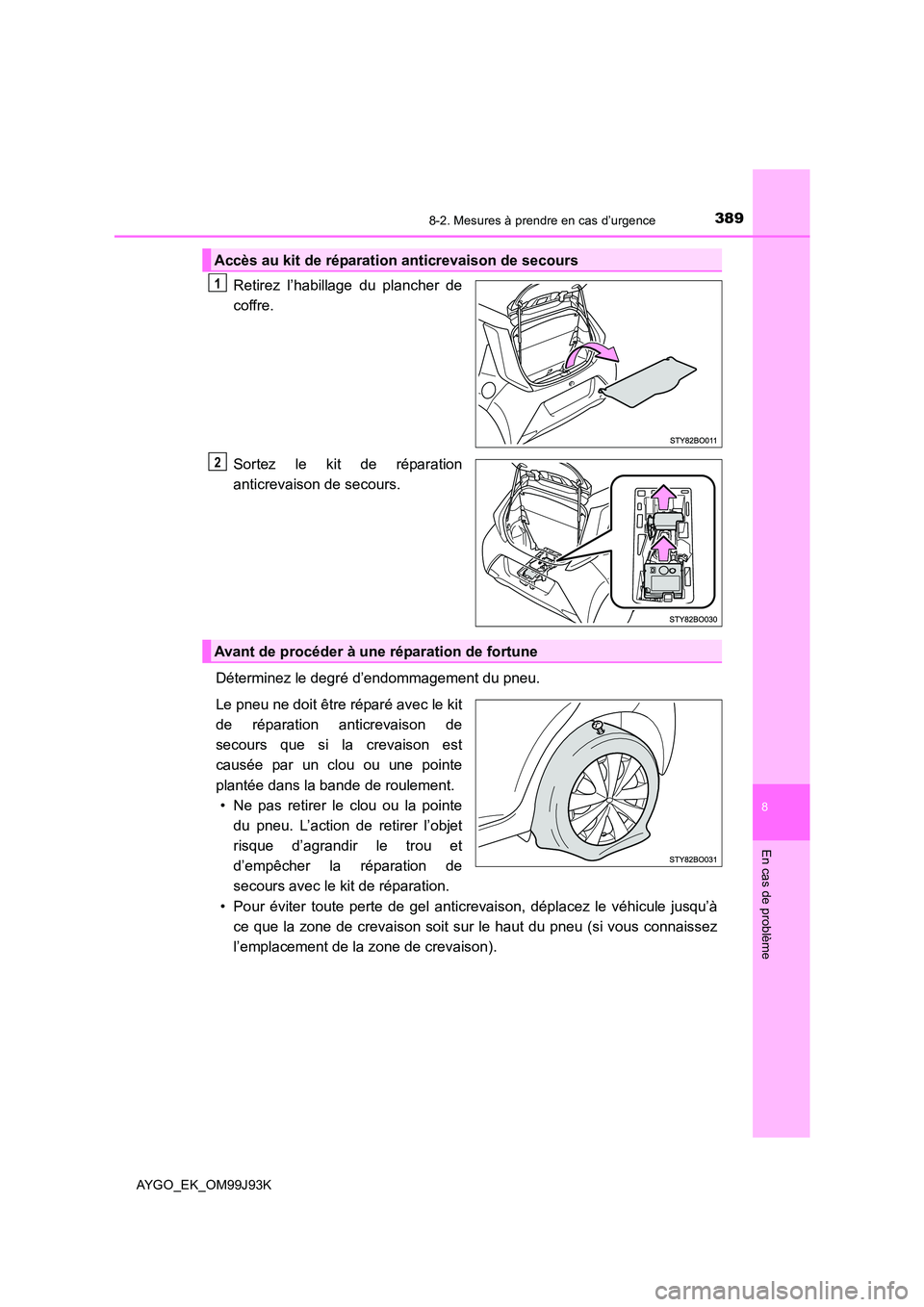 TOYOTA AYGO 2015  Notices Demploi (in French) 3898-2. Mesures à prendre en cas d’urgence
8
En cas de problème
AYGO_EK_OM99J93K
Retirez l’habillage du plancher de 
coffre. 
Sortez le kit de réparation 
anticrevaison de secours. 
Déterminez