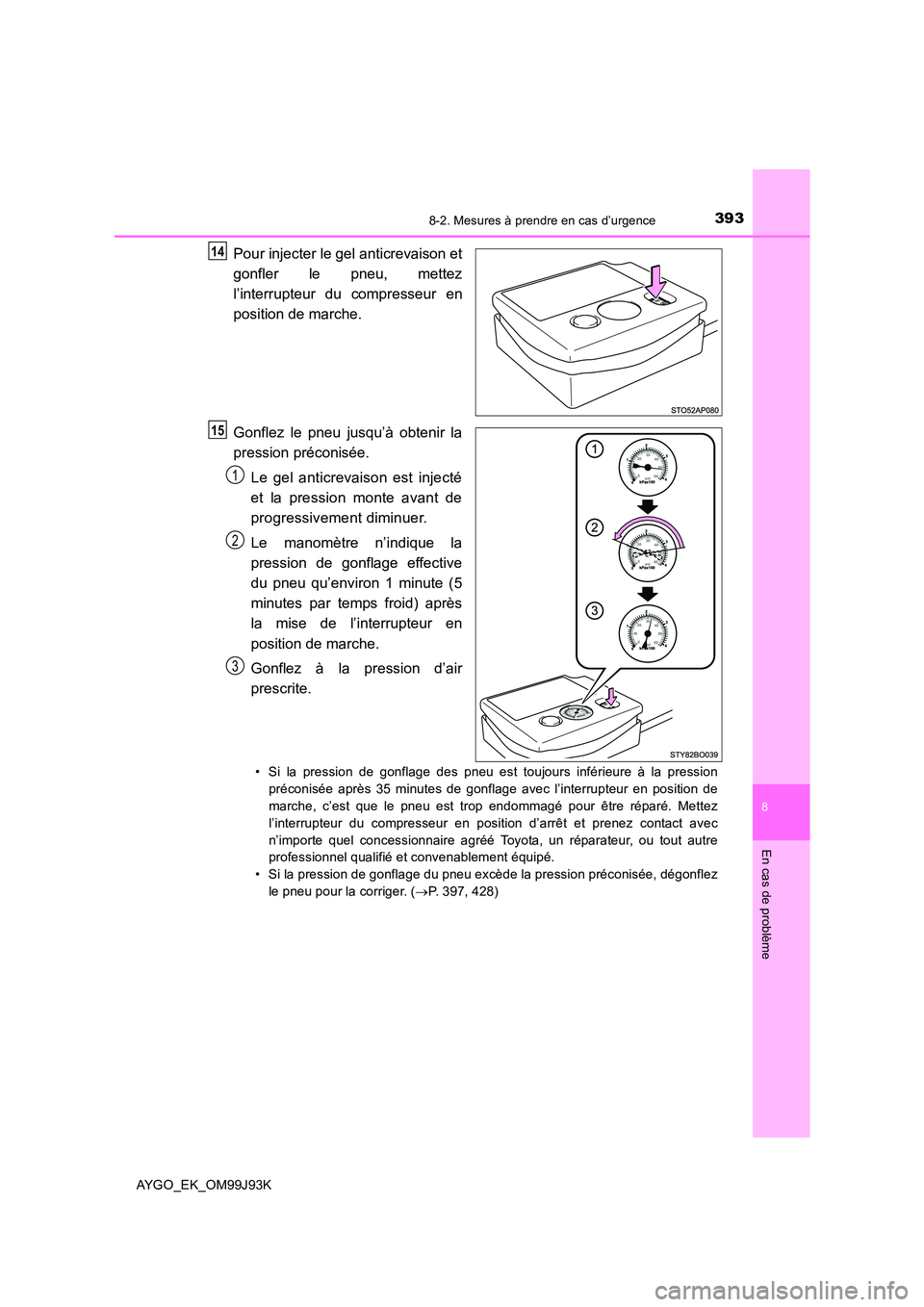 TOYOTA AYGO 2015  Notices Demploi (in French) 3938-2. Mesures à prendre en cas d’urgence
8
En cas de problème
AYGO_EK_OM99J93K
Pour injecter le gel anticrevaison et 
gonfler le pneu, mettez 
l’interrupteur du compresseur en 
position de mar TOYOTA AYGO 2015  Notices Demploi (in French) 3938-2. Mesures à prendre en cas d’urgence
8
En cas de problème
AYGO_EK_OM99J93K
Pour injecter le gel anticrevaison et 
gonfler le pneu, mettez 
l’interrupteur du compresseur en 
position de mar