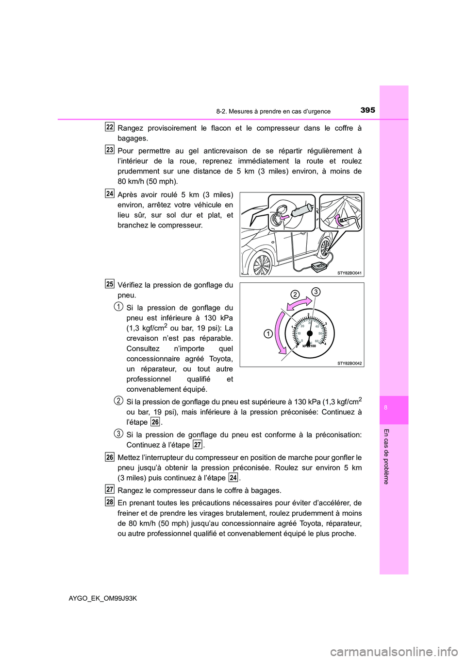 TOYOTA AYGO 2015  Notices Demploi (in French) 3958-2. Mesures à prendre en cas d’urgence
8
En cas de problème
AYGO_EK_OM99J93K
Rangez provisoirement le flacon et le compresseur dans le coffre à 
bagages. 
Pour permettre au gel anticrevaison  TOYOTA AYGO 2015  Notices Demploi (in French) 3958-2. Mesures à prendre en cas d’urgence
8
En cas de problème
AYGO_EK_OM99J93K
Rangez provisoirement le flacon et le compresseur dans le coffre à 
bagages. 
Pour permettre au gel anticrevaison