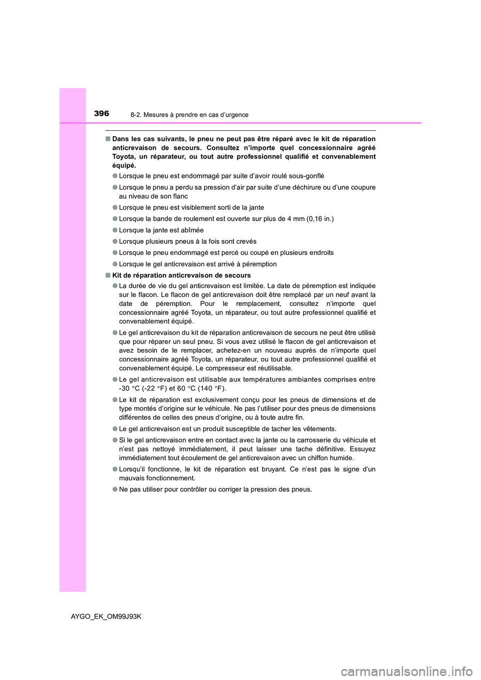 TOYOTA AYGO 2015  Notices Demploi (in French) 3968-2. Mesures à prendre en cas d’urgence
AYGO_EK_OM99J93K
■Dans les cas suivants, le pneu ne peut pas être réparé avec le kit de réparation 
anticrevaison de secours. Consultez n’importe  TOYOTA AYGO 2015  Notices Demploi (in French) 3968-2. Mesures à prendre en cas d’urgence
AYGO_EK_OM99J93K
■Dans les cas suivants, le pneu ne peut pas être réparé avec le kit de réparation 
anticrevaison de secours. Consultez n’importe