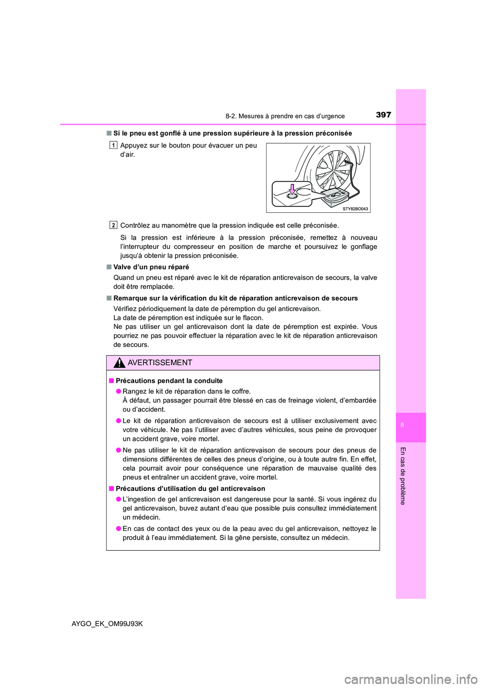 TOYOTA AYGO 2015  Notices Demploi (in French) 3978-2. Mesures à prendre en cas d’urgence
8
En cas de problème
AYGO_EK_OM99J93K 
■ Si le pneu est gonflé à une pression supérieure à la pression préconisée 
Contrôlez au manomètre que l TOYOTA AYGO 2015  Notices Demploi (in French) 3978-2. Mesures à prendre en cas d’urgence
8
En cas de problème
AYGO_EK_OM99J93K 
■ Si le pneu est gonflé à une pression supérieure à la pression préconisée 
Contrôlez au manomètre que l