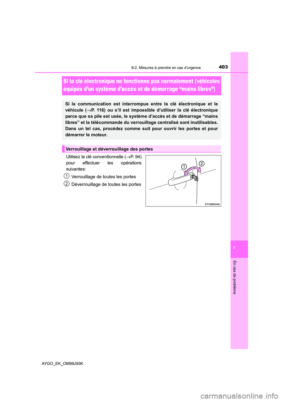 TOYOTA AYGO 2015  Notices Demploi (in French) 4038-2. Mesures à prendre en cas d’urgence
8
En cas de problème
AYGO_EK_OM99J93K
Si la clé électronique ne fonctionne pas normalement (véhicules  
équipés d’un système d’accès et de dé TOYOTA AYGO 2015  Notices Demploi (in French) 4038-2. Mesures à prendre en cas d’urgence
8
En cas de problème
AYGO_EK_OM99J93K
Si la clé électronique ne fonctionne pas normalement (véhicules  
équipés d’un système d’accès et de dé