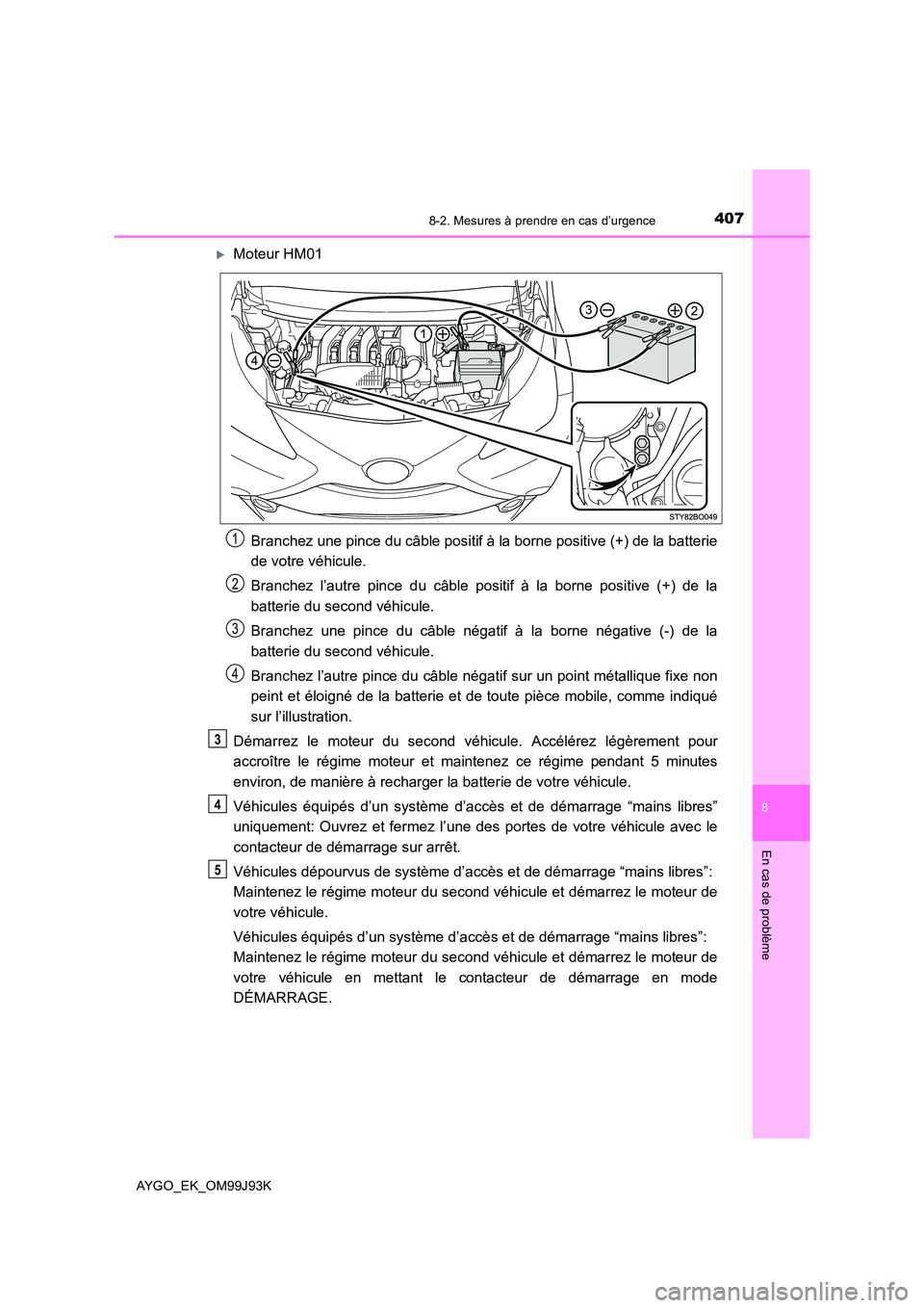 TOYOTA AYGO 2015  Notices Demploi (in French) 4078-2. Mesures à prendre en cas d’urgence
8
En cas de problème
AYGO_EK_OM99J93K
�XMoteur HM01 
Branchez une pince du câble positif à la borne positive (+) de la batterie 
de votre véhicule. 
B