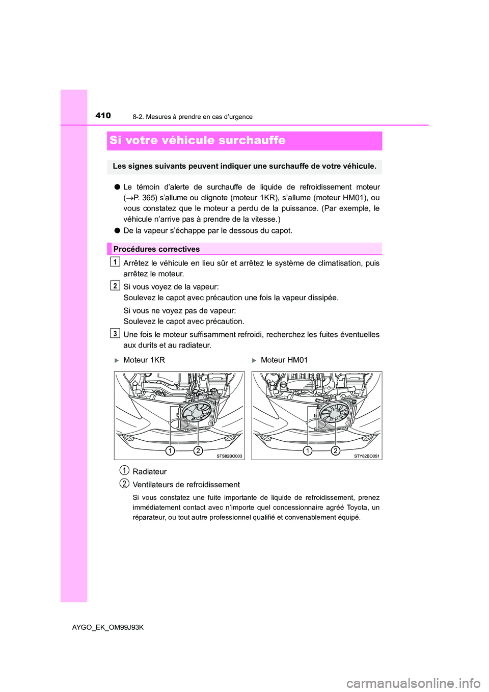 TOYOTA AYGO 2015  Notices Demploi (in French) 4108-2. Mesures à prendre en cas d’urgence
AYGO_EK_OM99J93K
Si votre véhicule surchauffe
●Le témoin d’alerte de surchauffe de liquide de refroidissement moteur 
( →P. 365) s’allume ou cli