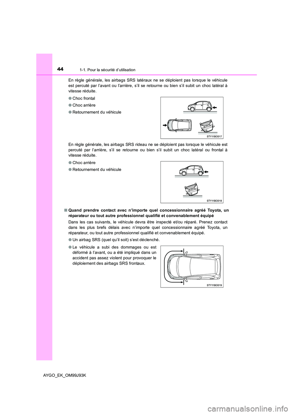 TOYOTA AYGO 2015 Notices Demploi (in French) 441-1. Pour la sécurité d’utilisation
AYGO_EK_OM99J93K
En règle générale, les airbags SRS latéraux ne se déploient pas lorsque le véhicule
est percuté par l’avant ou l’arrière, s’i TOYOTA AYGO 2015 Notices Demploi (in French) 441-1. Pour la sécurité d’utilisation
AYGO_EK_OM99J93K
En règle générale, les airbags SRS latéraux ne se déploient pas lorsque le véhicule
est percuté par l’avant ou l’arrière, s’i