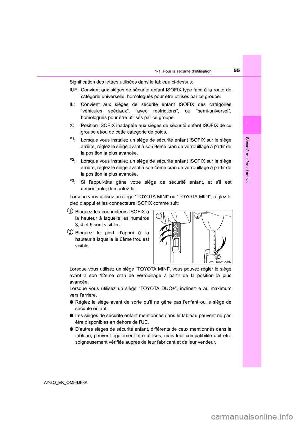 TOYOTA AYGO 2015  Notices Demploi (in French) 551-1. Pour la sécurité d’utilisation
1
Sécurité routière et antivol
AYGO_EK_OM99J93K
Signification des lettres utilisées dans le tableau ci-dessus: 
IUF: Convient aux sièges de sécurité en