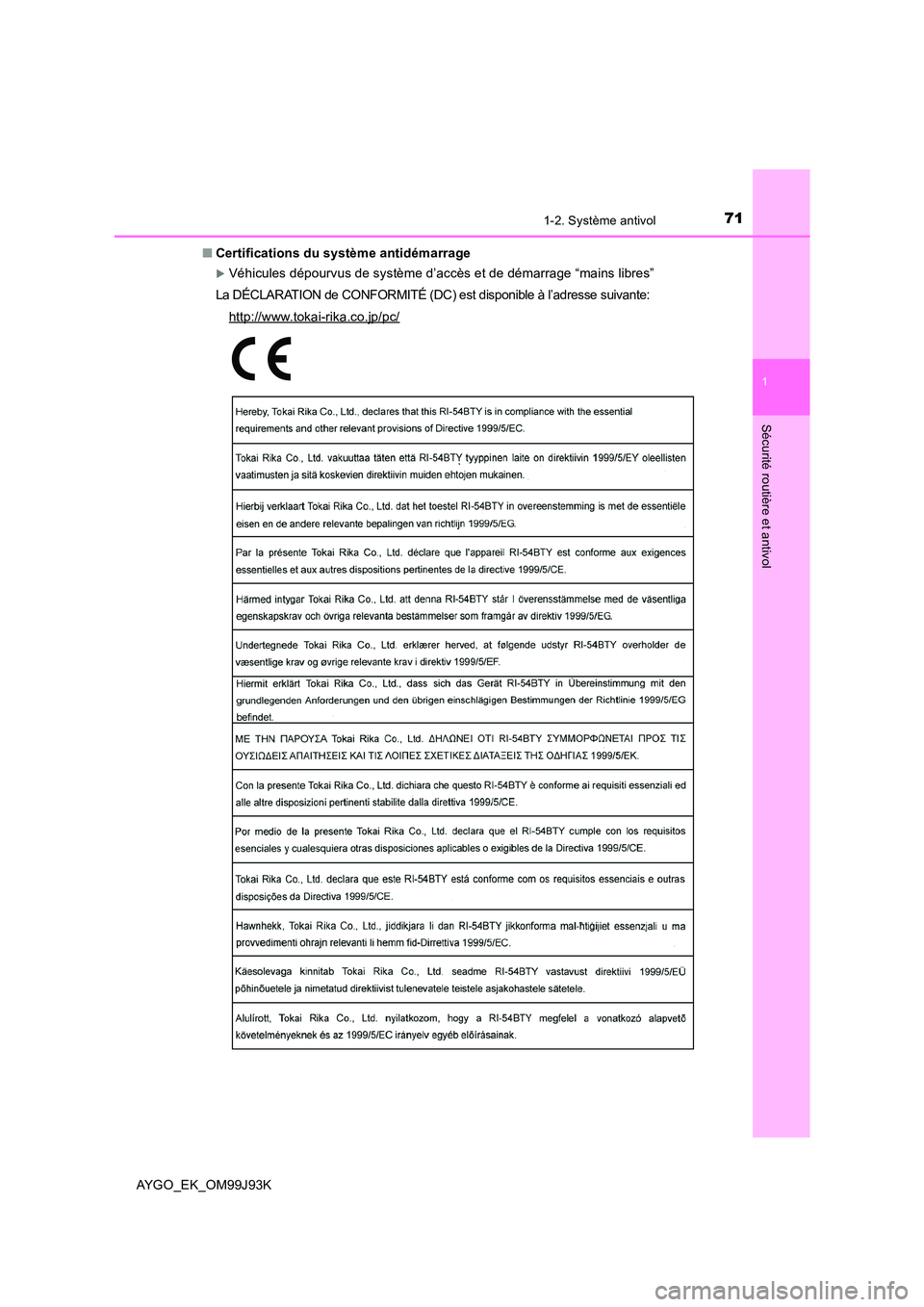 TOYOTA AYGO 2015  Notices Demploi (in French) 711-2. Système antivol
1
Sécurité routière et antivol
AYGO_EK_OM99J93K 
■ Certifications du système antidémarrage
�XVéhicules dépourvus de système d’accès et de démarrage “mains libre