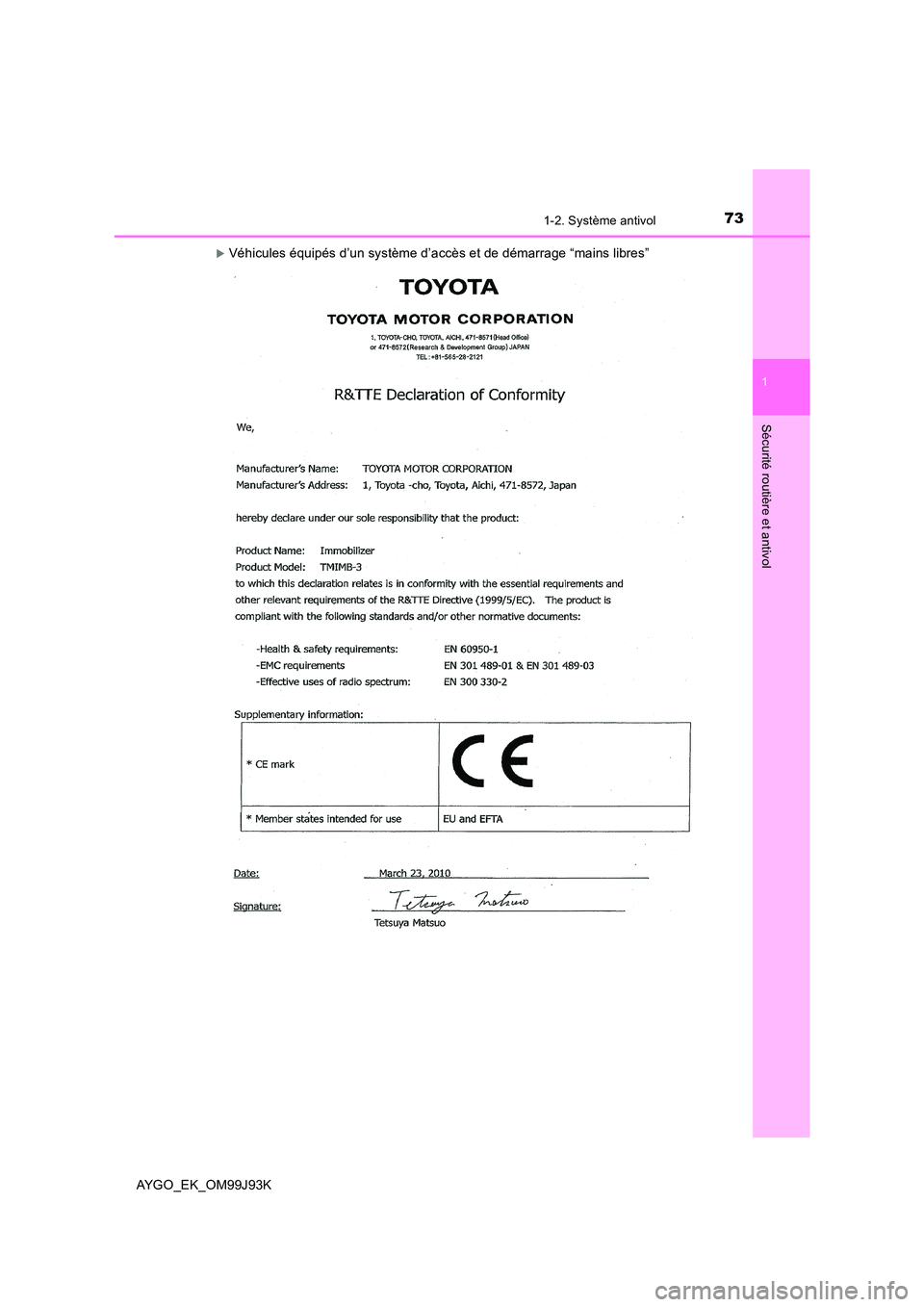 TOYOTA AYGO 2015  Notices Demploi (in French) 731-2. Système antivol
1
Sécurité routière et antivol
AYGO_EK_OM99J93K
�XVéhicules équipés d’un système d’accès et de démarrage “mains libres” 