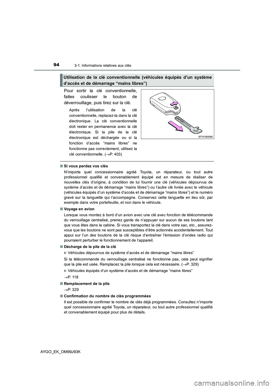 TOYOTA AYGO 2015  Notices Demploi (in French) 943-1. Informations relatives aux clés
AYGO_EK_OM99J93K
Pour sortir la clé conventionnelle, 
faites coulisser le bouton de 
déverrouillage, puis tirez sur la clé.
Après l’utilisation de la clé TOYOTA AYGO 2015  Notices Demploi (in French) 943-1. Informations relatives aux clés
AYGO_EK_OM99J93K
Pour sortir la clé conventionnelle, 
faites coulisser le bouton de 
déverrouillage, puis tirez sur la clé.
Après l’utilisation de la clé