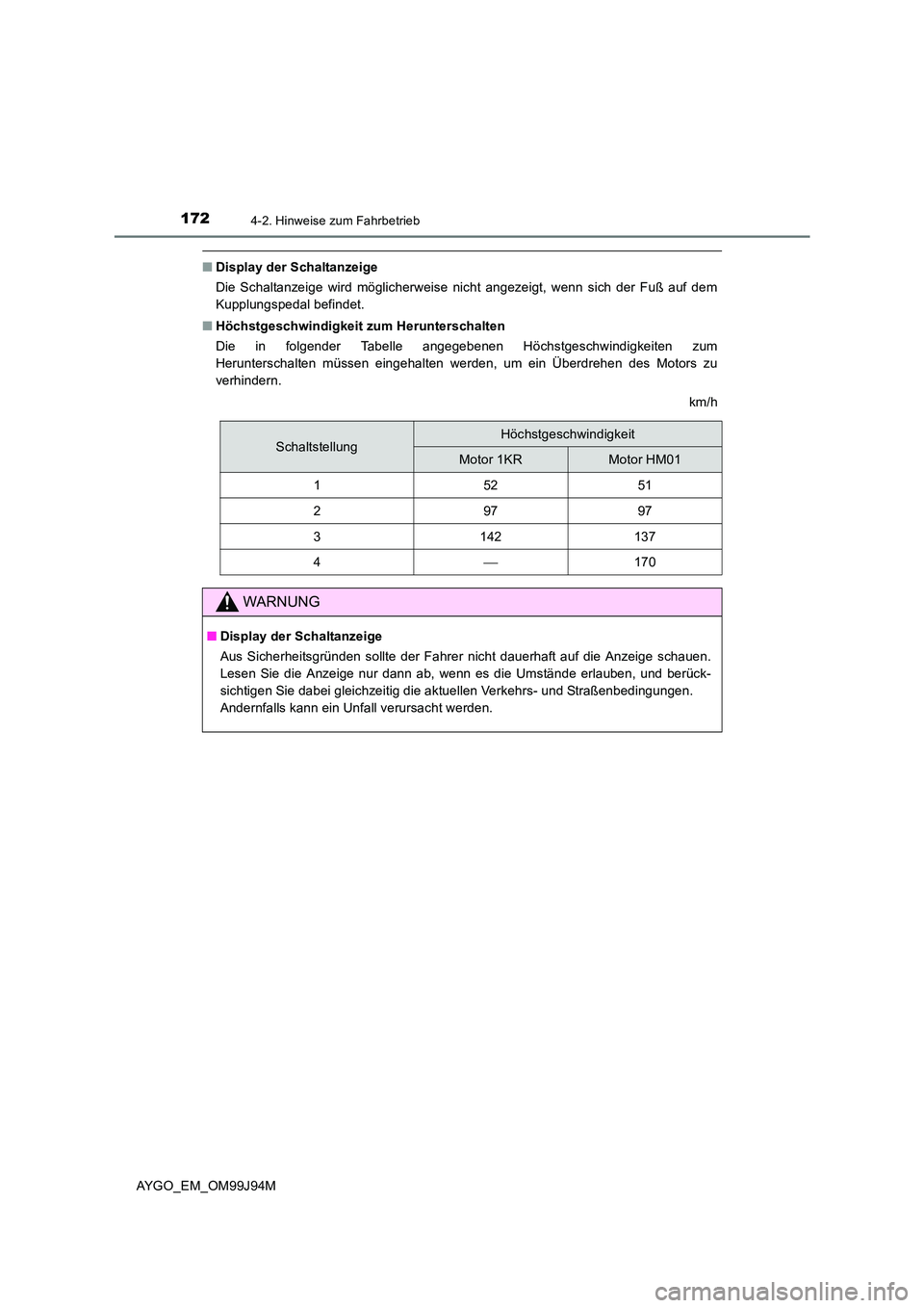 TOYOTA AYGO 2015 Betriebsanleitungen (in German) 1724-2. Hinweise zum Fahrbetrieb
AYGO_EM_OM99J94M
■Display der Schaltanzeige
Die Schaltanzeige wird möglicherweise nicht angezeigt, wenn sich der Fuß auf dem
Kupplungspedal befindet.
■ Höchs TOYOTA AYGO 2015 Betriebsanleitungen (in German) 1724-2. Hinweise zum Fahrbetrieb
AYGO_EM_OM99J94M
■Display der Schaltanzeige
Die Schaltanzeige wird möglicherweise nicht angezeigt, wenn sich der Fuß auf dem
Kupplungspedal befindet.
■ Höchs
