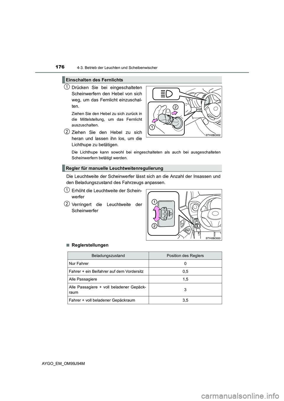 TOYOTA AYGO 2015 Betriebsanleitungen (in German) 1764-3. Betrieb der Leuchten und Scheibenwischer
AYGO_EM_OM99J94M
Drücken Sie bei eingeschalteten
Scheinwerfern den Hebel von sich
weg, um das Fernlicht einzuschal-
ten.
Ziehen Sie den Hebel zu si TOYOTA AYGO 2015 Betriebsanleitungen (in German) 1764-3. Betrieb der Leuchten und Scheibenwischer
AYGO_EM_OM99J94M
Drücken Sie bei eingeschalteten
Scheinwerfern den Hebel von sich
weg, um das Fernlicht einzuschal-
ten.
Ziehen Sie den Hebel zu si