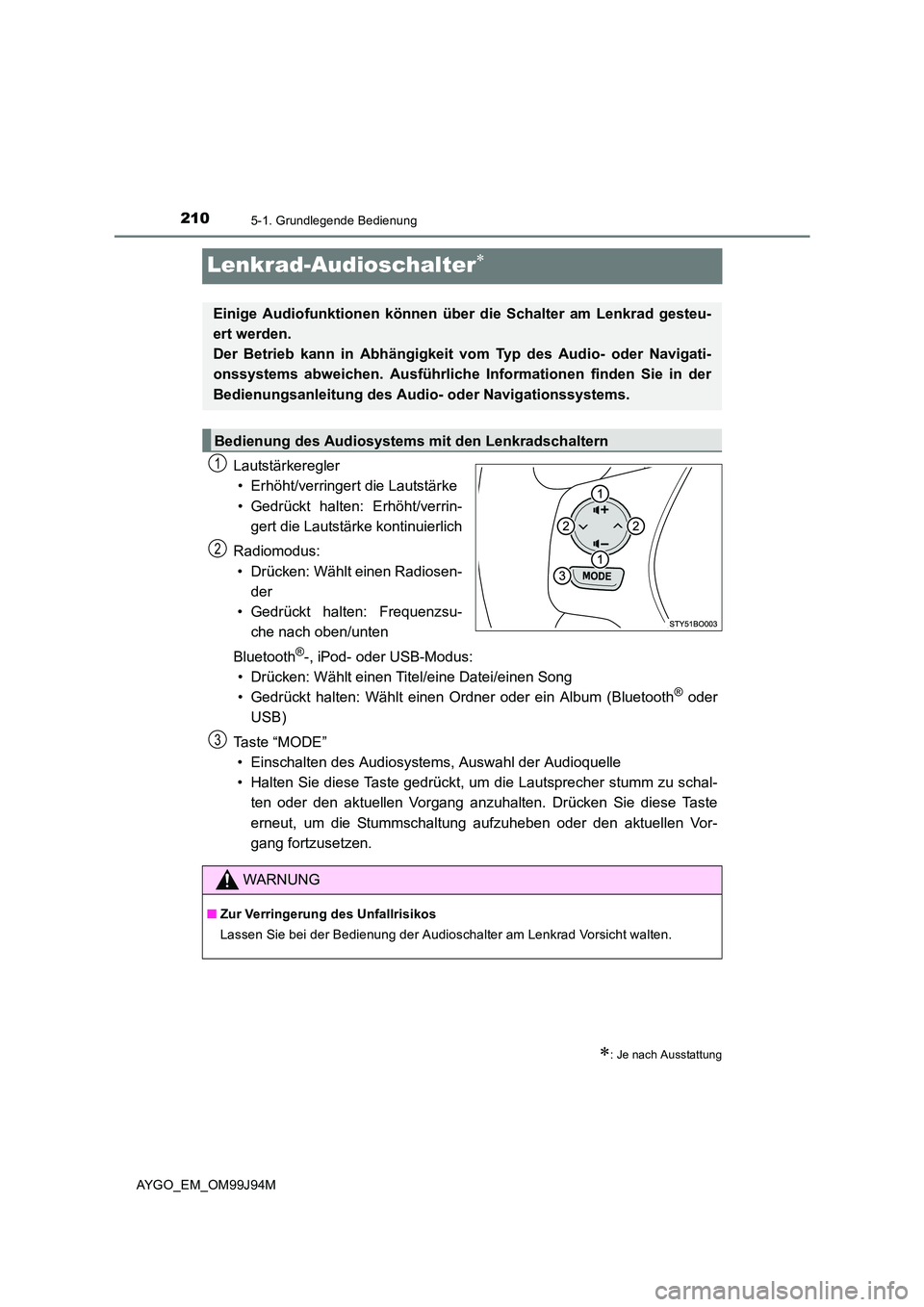 TOYOTA AYGO 2015  Betriebsanleitungen (in German) 2105-1. Grundlegende Bedienung
AYGO_EM_OM99J94M
Lenkrad-Audioschalter∗
Lautstärkeregler 
• Erhöht/verringert die Lautstärke 
• Gedrückt halten: Erhöht/verrin- 
gert die Lautstärke kontinui