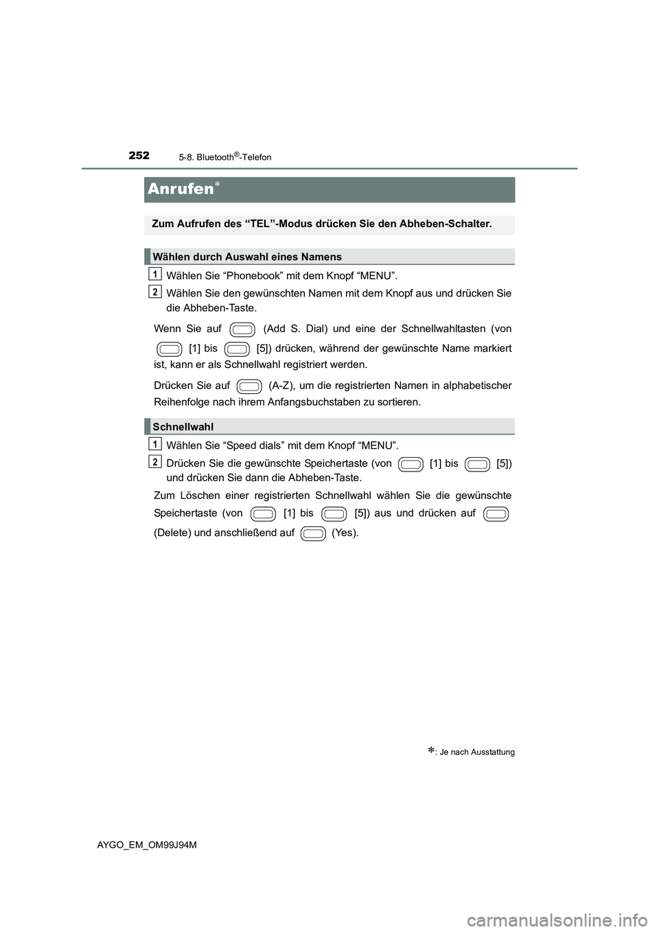 TOYOTA AYGO 2015 Betriebsanleitungen (in German) 2525-8. Bluetooth®-Telefon
AYGO_EM_OM99J94M
Anrufen∗
Wählen Sie “Phonebook” mit dem Knopf “MENU”.
Wählen Sie den gewünschten Namen mit dem Knopf aus und drücken Sie
die Abheben-Taste. TOYOTA AYGO 2015 Betriebsanleitungen (in German) 2525-8. Bluetooth®-Telefon
AYGO_EM_OM99J94M
Anrufen∗
Wählen Sie “Phonebook” mit dem Knopf “MENU”.
Wählen Sie den gewünschten Namen mit dem Knopf aus und drücken Sie
die Abheben-Taste.