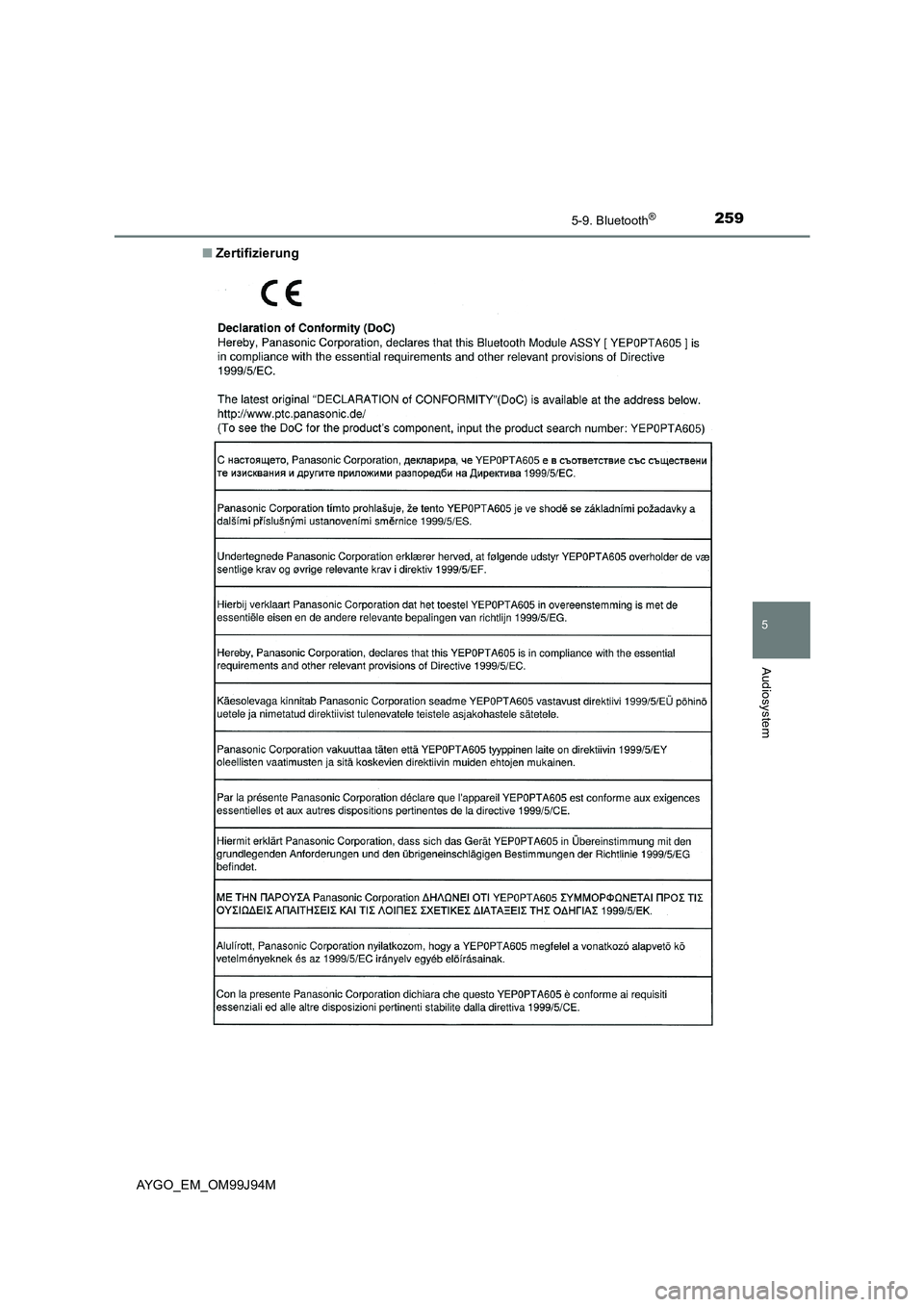 TOYOTA AYGO 2015 Betriebsanleitungen (in German) 2595-9. Bluetooth®
5
Audiosystem
AYGO_EM_OM99J94M
■ Zertifizierung TOYOTA AYGO 2015 Betriebsanleitungen (in German) 2595-9. Bluetooth®
5
Audiosystem
AYGO_EM_OM99J94M
■ Zertifizierung