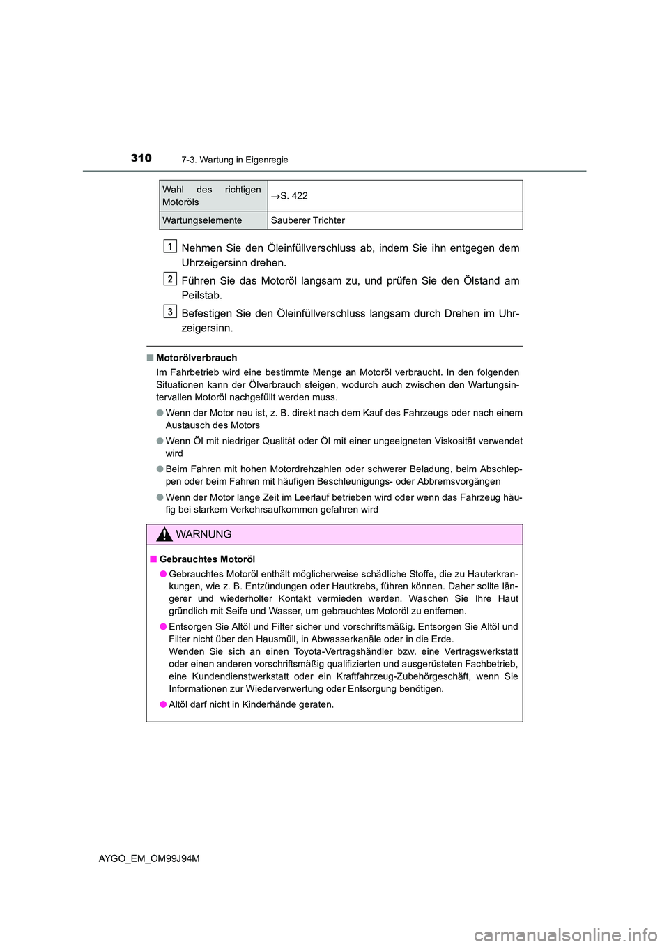 TOYOTA AYGO 2015  Betriebsanleitungen (in German) 3107-3. Wartung in Eigenregie
AYGO_EM_OM99J94M
Nehmen Sie den Öleinfüllverschluss ab, indem Sie ihn entgegen dem 
Uhrzeigersinn drehen. 
Führen Sie das Motoröl langsam zu, und prüfen Sie den Öls