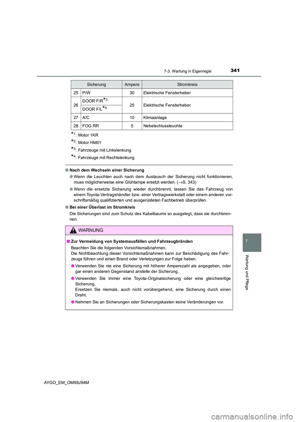 TOYOTA AYGO 2015 Betriebsanleitungen (in German) 3417-3. Wartung in Eigenregie
7
Wartung und Pflege
AYGO_EM_OM99J94M
*1: Motor 1KR
*2: Motor HM01
*3: Fahrzeuge mit Linkslenkung
*4: Fahrzeuge mit Rechtslenkung
■Nach dem Wechseln einer Sicherung
TOYOTA AYGO 2015 Betriebsanleitungen (in German) 3417-3. Wartung in Eigenregie
7
Wartung und Pflege
AYGO_EM_OM99J94M
*1: Motor 1KR
*2: Motor HM01
*3: Fahrzeuge mit Linkslenkung
*4: Fahrzeuge mit Rechtslenkung
■Nach dem Wechseln einer Sicherung