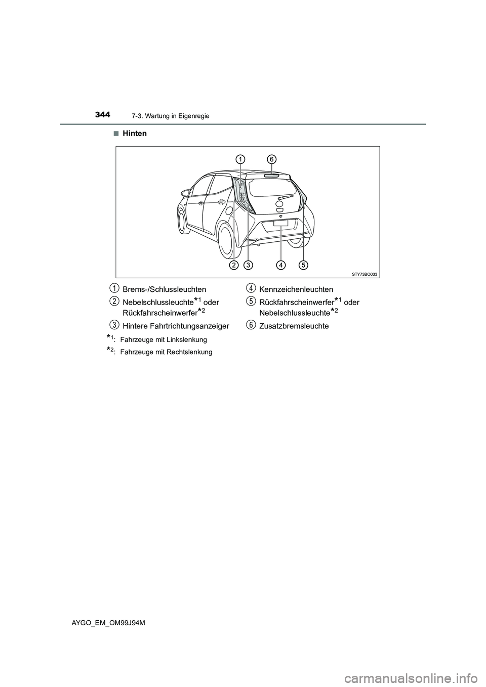 TOYOTA AYGO 2015  Betriebsanleitungen (in German) 3447-3. Wartung in Eigenregie
AYGO_EM_OM99J94M 
■Hinten
*1: Fahrzeuge mit Linkslenkung
*2: Fahrzeuge mit Rechtslenkung
Brems-/Schlussleuchten 
Nebelschlussleuchte*1 oder  
Rückfahrscheinwerfer*2
Hi