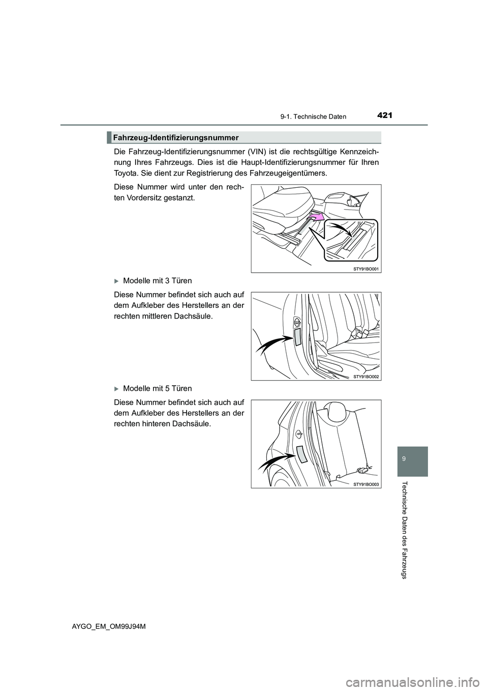 TOYOTA AYGO 2015  Betriebsanleitungen (in German) 4219-1. Technische Daten
9
Technische Daten des Fahrzeugs
AYGO_EM_OM99J94M
Die Fahrzeug-Identifizierungsnummer (VIN) ist die rechtsgültige Kennzeich- 
nung Ihres Fahrzeugs. Dies ist die Haupt-Identif