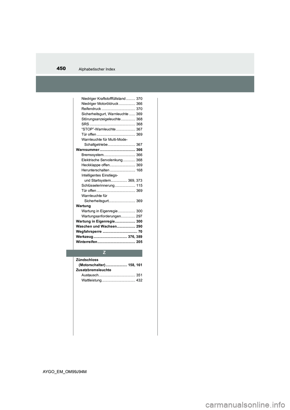 TOYOTA AYGO 2015  Betriebsanleitungen (in German) 450Alphabetischer Index
AYGO_EM_OM99J94M
Niedriger Kraftstofffüllstand ......... 370 
Niedriger Motoröldruck ................ 366 
Reifendruck ................................. 370 
Sicherheitsgurt,