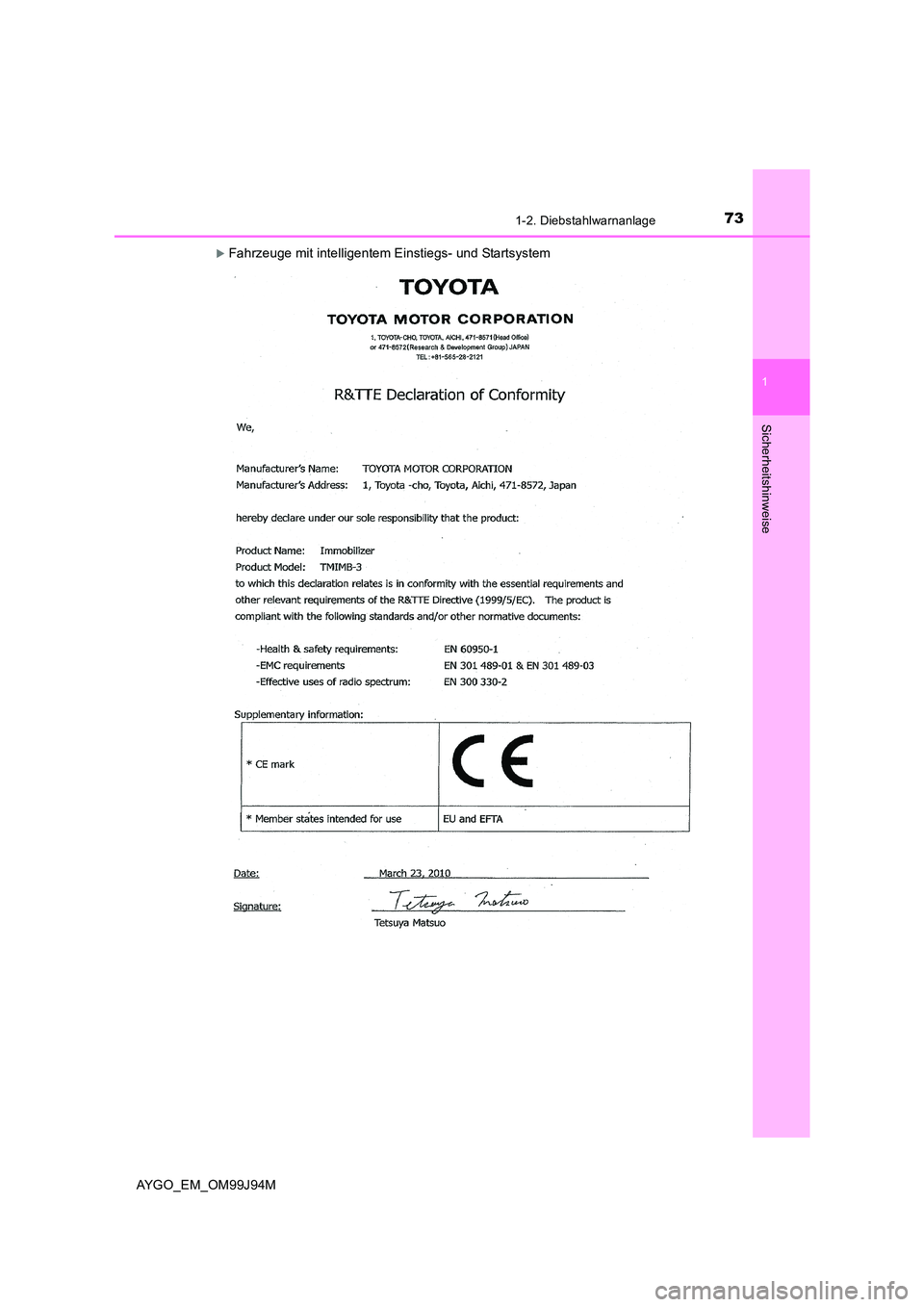 TOYOTA AYGO 2015  Betriebsanleitungen (in German) 731-2. Diebstahlwarnanlage
1
Sicherheitshinweise
AYGO_EM_OM99J94M
�XFahrzeuge mit intelligentem Einstiegs- und Startsystem 