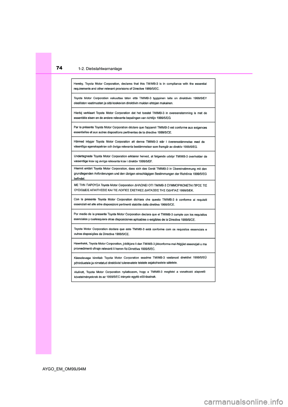 TOYOTA AYGO 2015  Betriebsanleitungen (in German) 741-2. Diebstahlwarnanlage
AYGO_EM_OM99J94M 