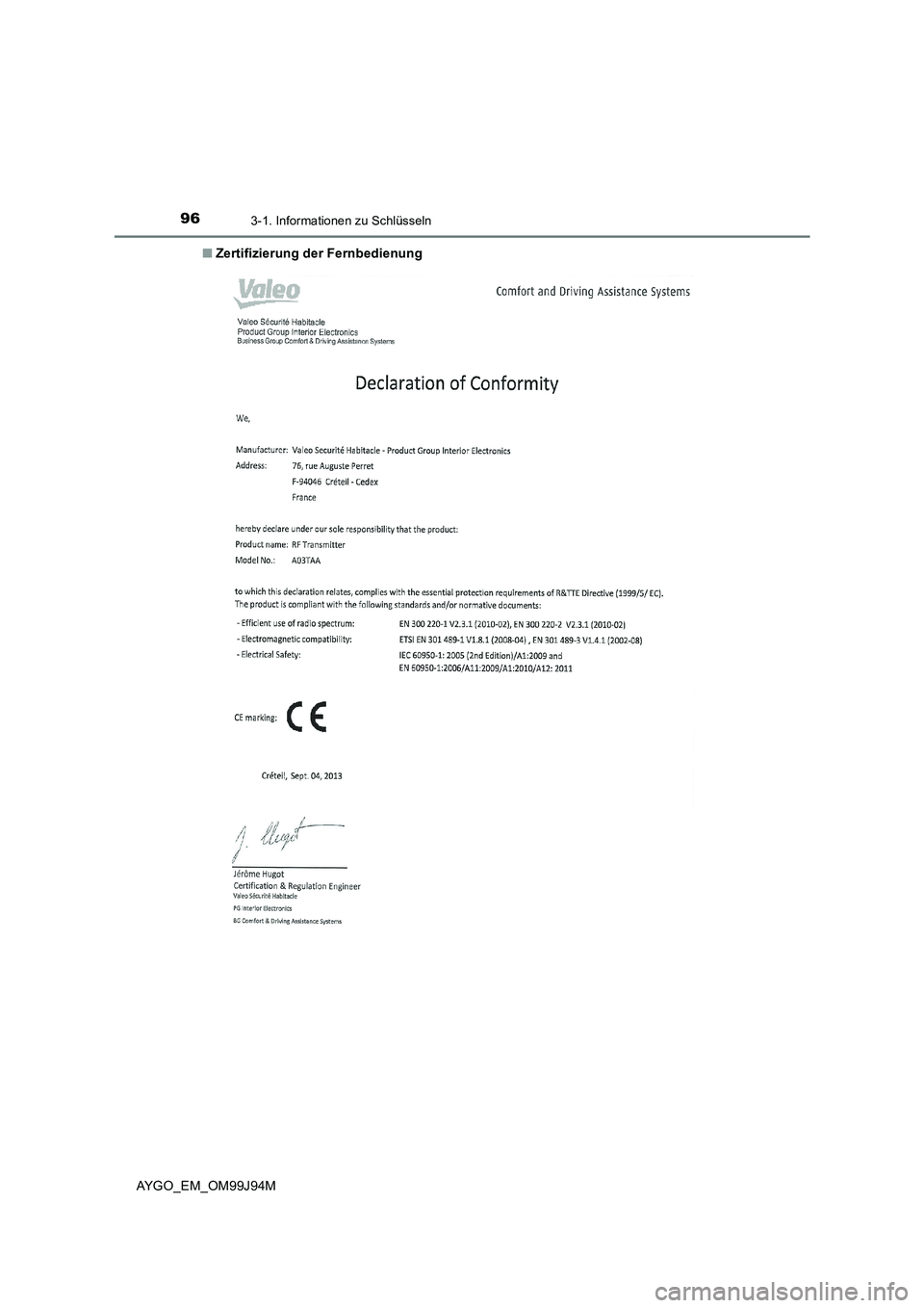 TOYOTA AYGO 2015  Betriebsanleitungen (in German) 963-1. Informationen zu Schlüsseln
AYGO_EM_OM99J94M 
■ Zertifizierung der Fernbedienung 