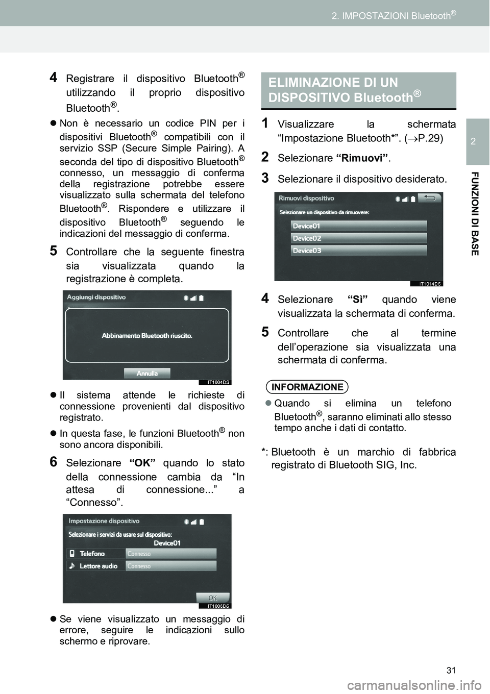 TOYOTA AYGO 2015 Manuale duso (in Italian) 31
2. IMPOSTAZIONI Bluetooth®
2
FUNZIONI DI BASE
4Registrare il dispositivo Bluetooth®
utilizzando il proprio dispositivo
Bluetooth®.
Non è necessario un codice PIN per i
dispositivi Bluetooth TOYOTA AYGO 2015 Manuale duso (in Italian) 31
2. IMPOSTAZIONI Bluetooth®
2
FUNZIONI DI BASE
4Registrare il dispositivo Bluetooth®
utilizzando il proprio dispositivo
Bluetooth®.
Non è necessario un codice PIN per i
dispositivi Bluetooth