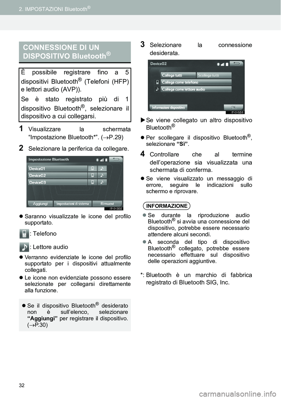 TOYOTA AYGO 2015 Manuale duso (in Italian) 32
2. IMPOSTAZIONI Bluetooth®
1Visualizzare la schermata
“Impostazione Bluetooth*”. (P.29)
2Selezionare la periferica da collegare.
Saranno visualizzate le icone del profilo
supportato.
: T TOYOTA AYGO 2015 Manuale duso (in Italian) 32
2. IMPOSTAZIONI Bluetooth®
1Visualizzare la schermata
“Impostazione Bluetooth*”. (P.29)
2Selezionare la periferica da collegare.
Saranno visualizzate le icone del profilo
supportato.
: T