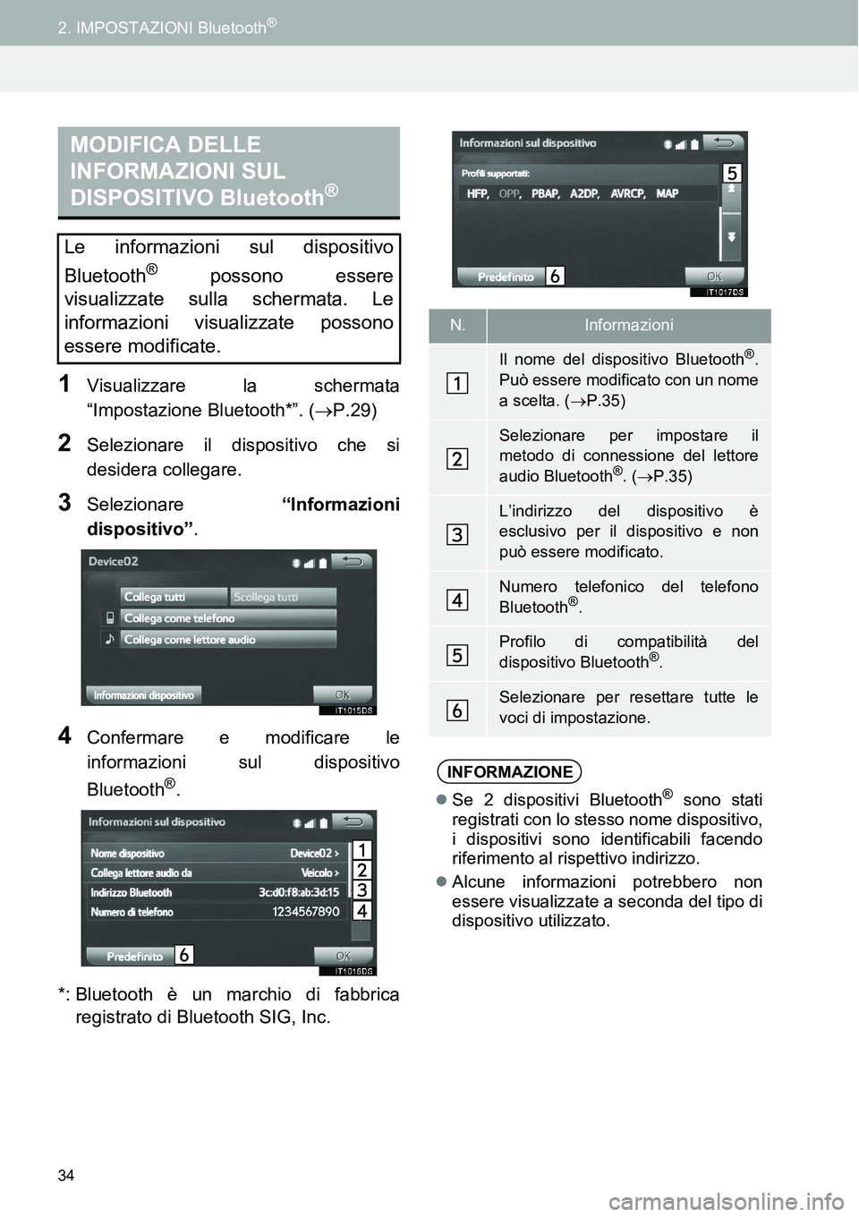 TOYOTA AYGO 2015 Manuale duso (in Italian) 34
2. IMPOSTAZIONI Bluetooth®
1Visualizzare la schermata
“Impostazione Bluetooth*”. (P.29)
2Selezionare il dispositivo che si
desidera collegare.
3Selezionare “Informazioni
dispositivo”.
4 TOYOTA AYGO 2015 Manuale duso (in Italian) 34
2. IMPOSTAZIONI Bluetooth®
1Visualizzare la schermata
“Impostazione Bluetooth*”. (P.29)
2Selezionare il dispositivo che si
desidera collegare.
3Selezionare “Informazioni
dispositivo”.
4