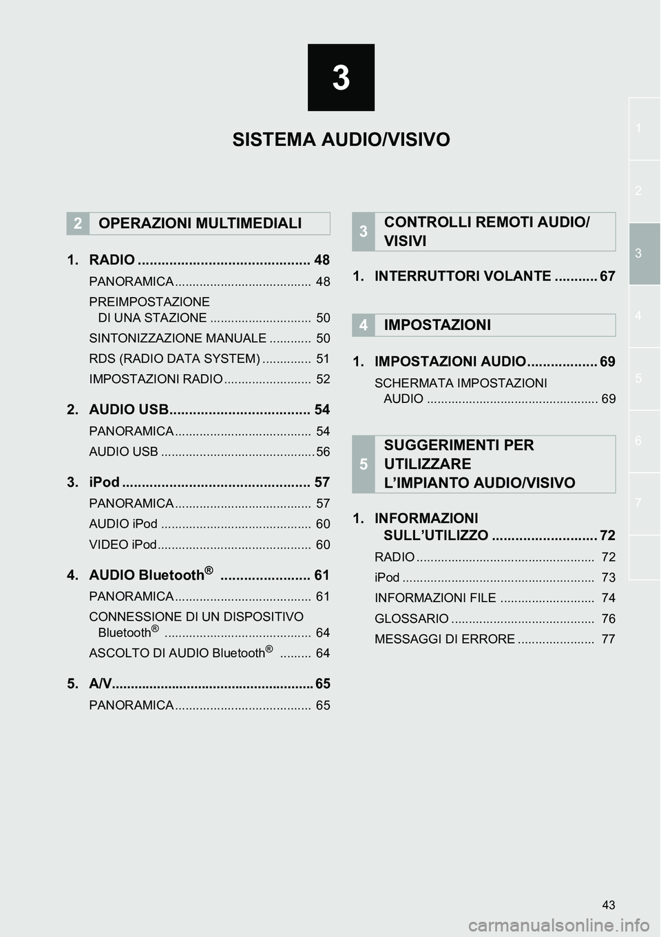 TOYOTA AYGO 2015  Manuale duso (in Italian) 3
43
1
2
3
4
5
6
7
1. RADIO ............................................ 48
PANORAMICA .......................................  48
PREIMPOSTAZIONE 
DI UNA STAZIONE .............................  50
SI