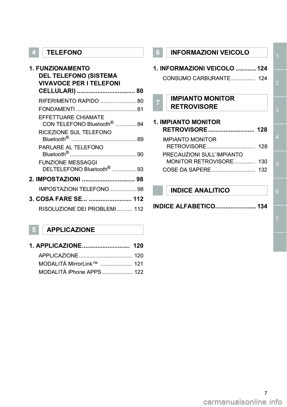 TOYOTA AYGO 2015 Manuale duso (in Italian) 1
2
3
4
7
5
6
7
1. FUNZIONAMENTO
DEL TELEFONO (SISTEMA
VIVAVOCE PER I TELEFONI
CELLULARI) .................................. 80
RIFERIMENTO RAPIDO ........................ 80
FONDAMENTI ........... TOYOTA AYGO 2015 Manuale duso (in Italian) 1
2
3
4
7
5
6
7
1. FUNZIONAMENTO
DEL TELEFONO (SISTEMA
VIVAVOCE PER I TELEFONI
CELLULARI) .................................. 80
RIFERIMENTO RAPIDO ........................ 80
FONDAMENTI ...........