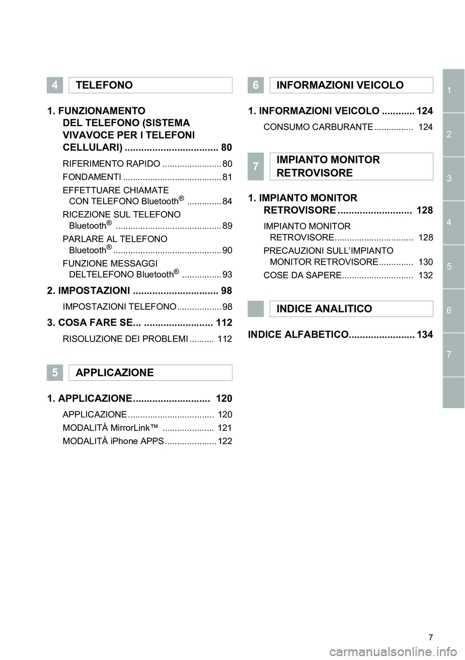 TOYOTA AYGO 2015  Manuale duso (in Italian) 1
2
3
4
7
5
6
7
1. FUNZIONAMENTO 
DEL TELEFONO (SISTEMA 
VIVAVOCE PER I TELEFONI 
CELLULARI) .................................. 80
RIFERIMENTO RAPIDO ........................ 80
FONDAMENTI ...........